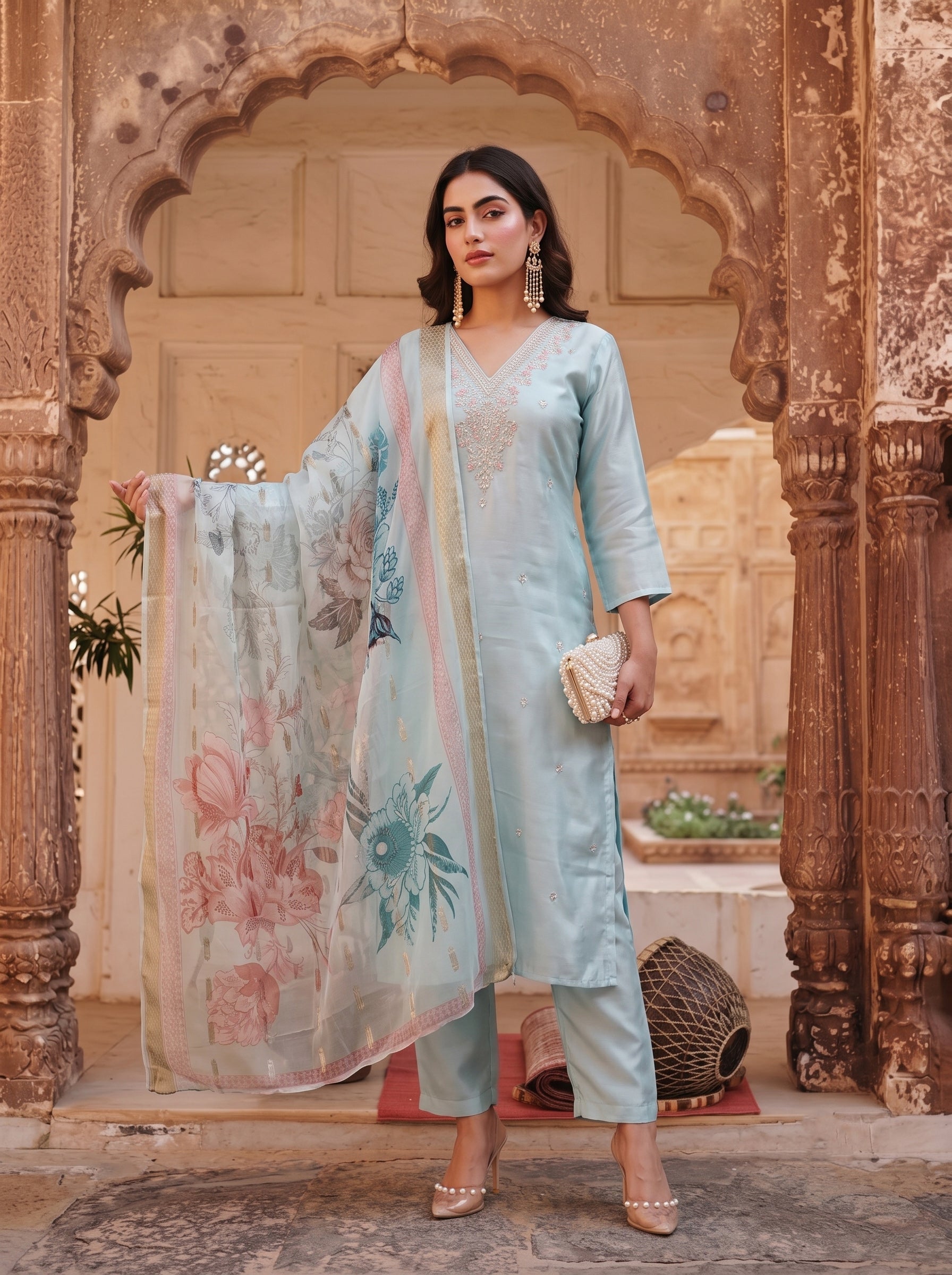 Powder Blue Bloom  Festive Kurta Set