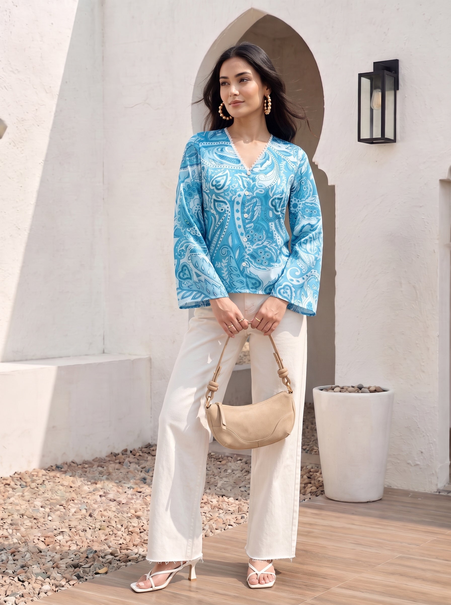 Azure Paisley Button Top