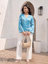Azure Paisley Button Top