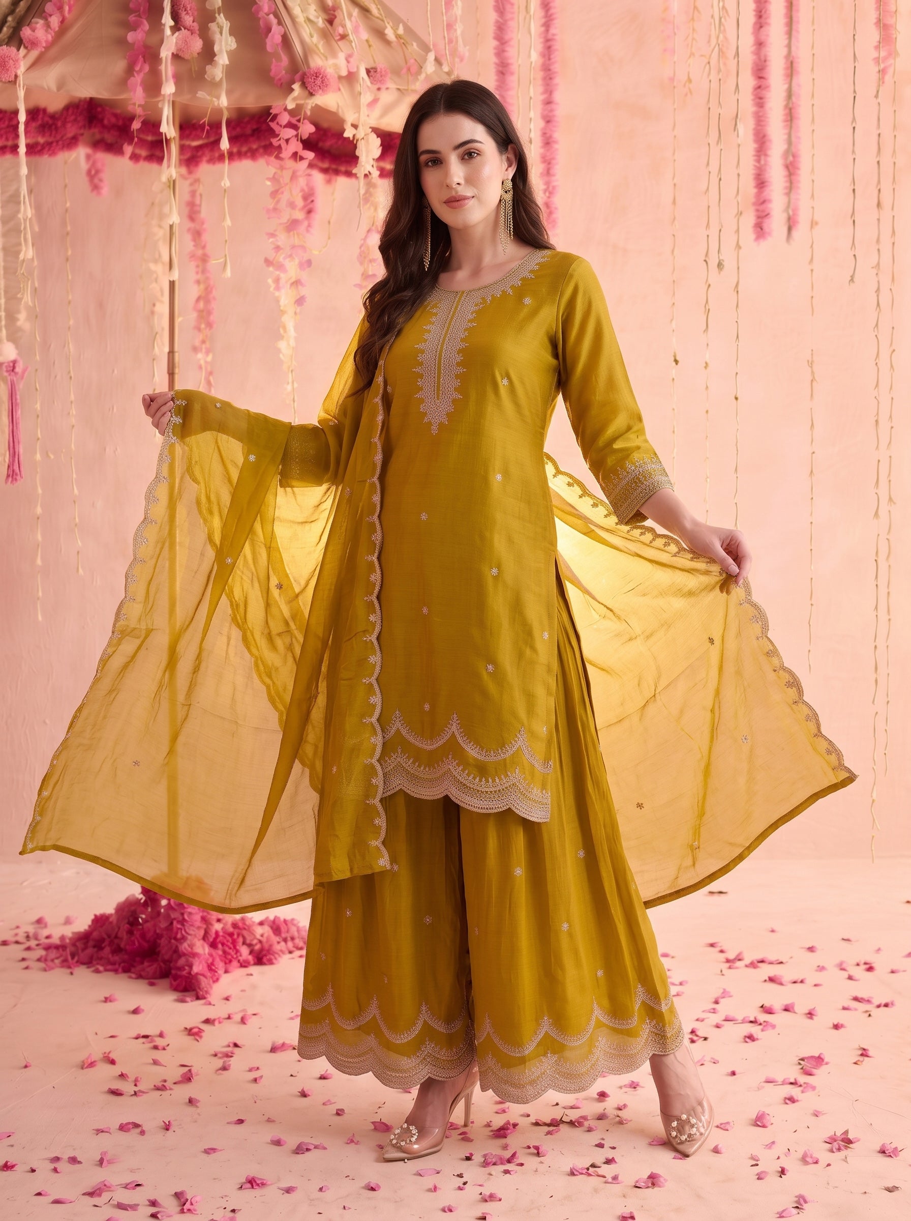 Lime Green Embroidered Sharara Set