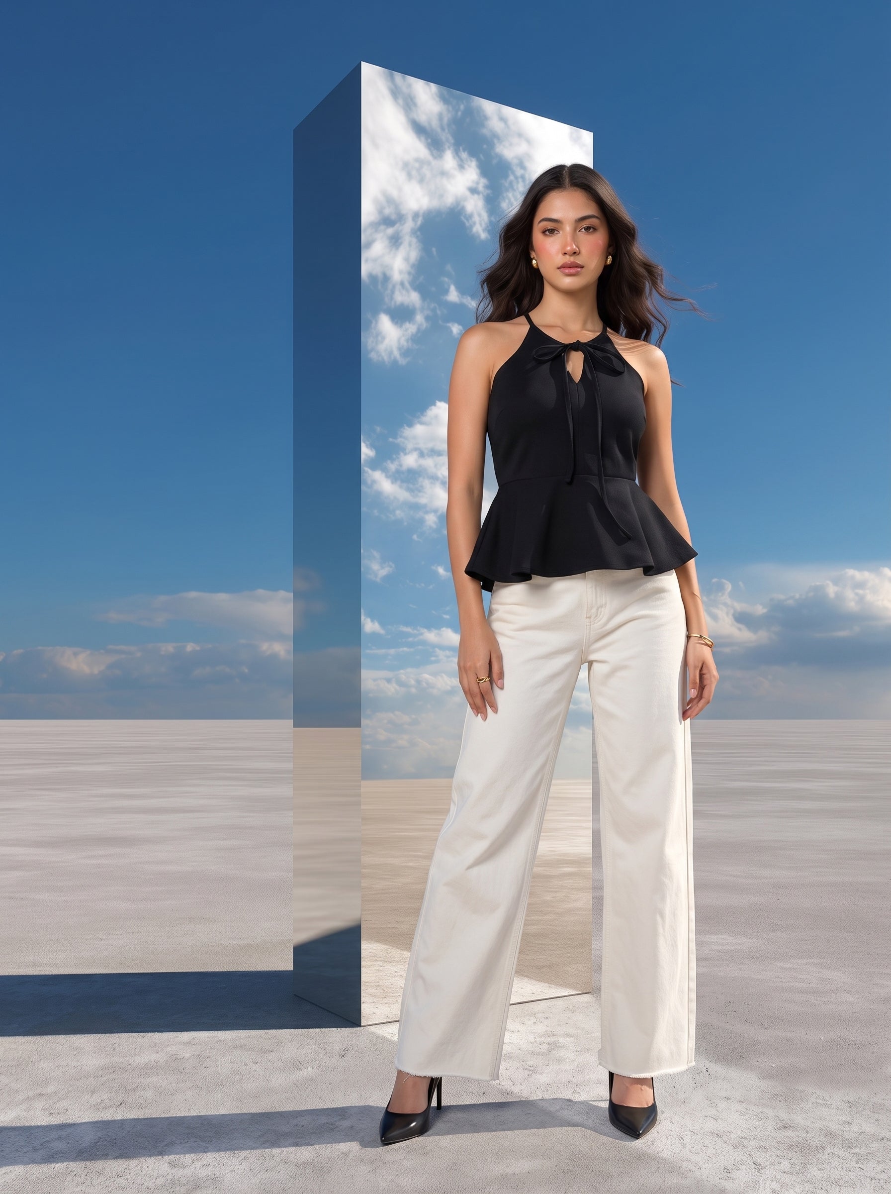 Noir Tie-Neck Peplum Halter Top