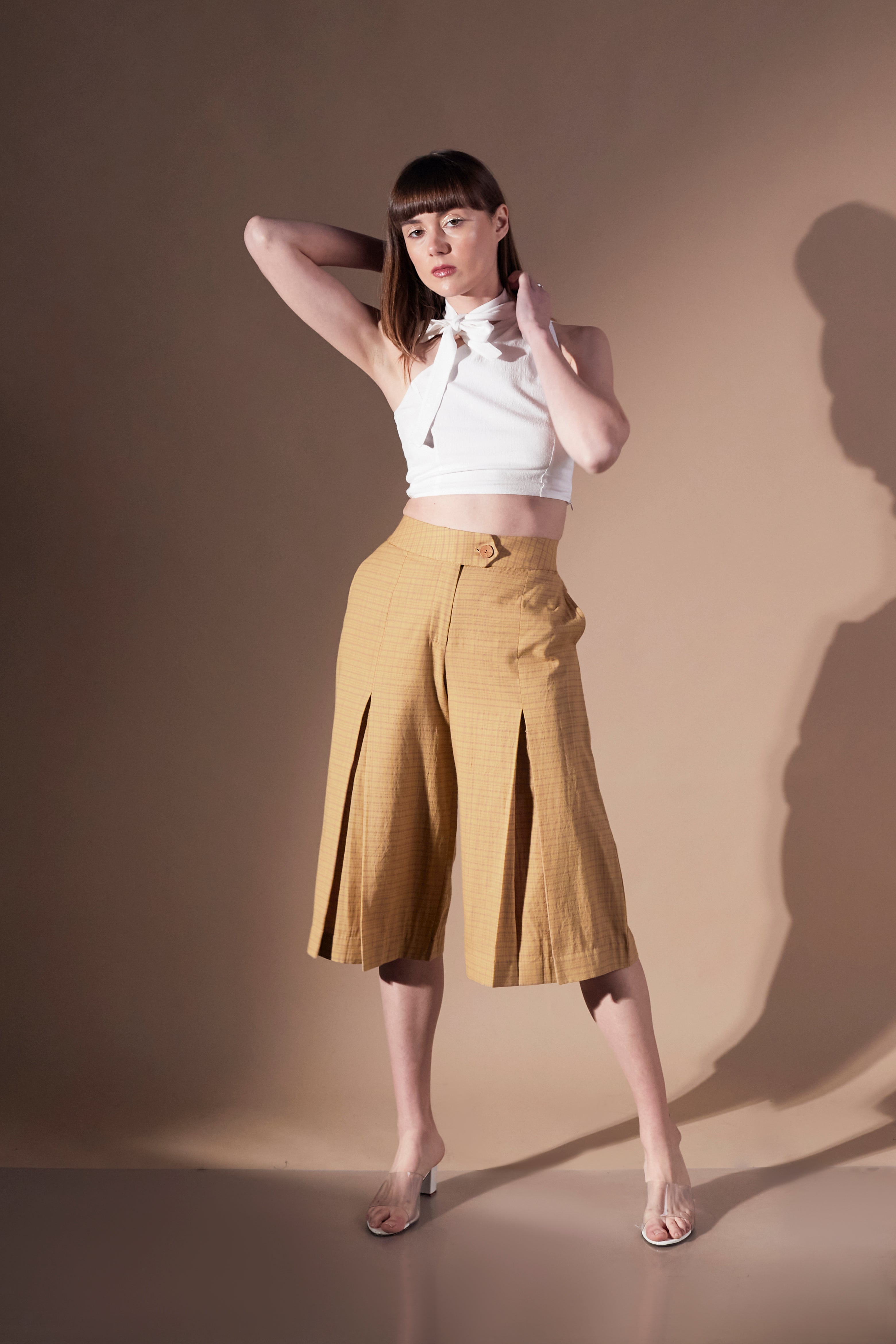 Shop Women Culottes Pants Mid Waist Calf Length - Mamicha