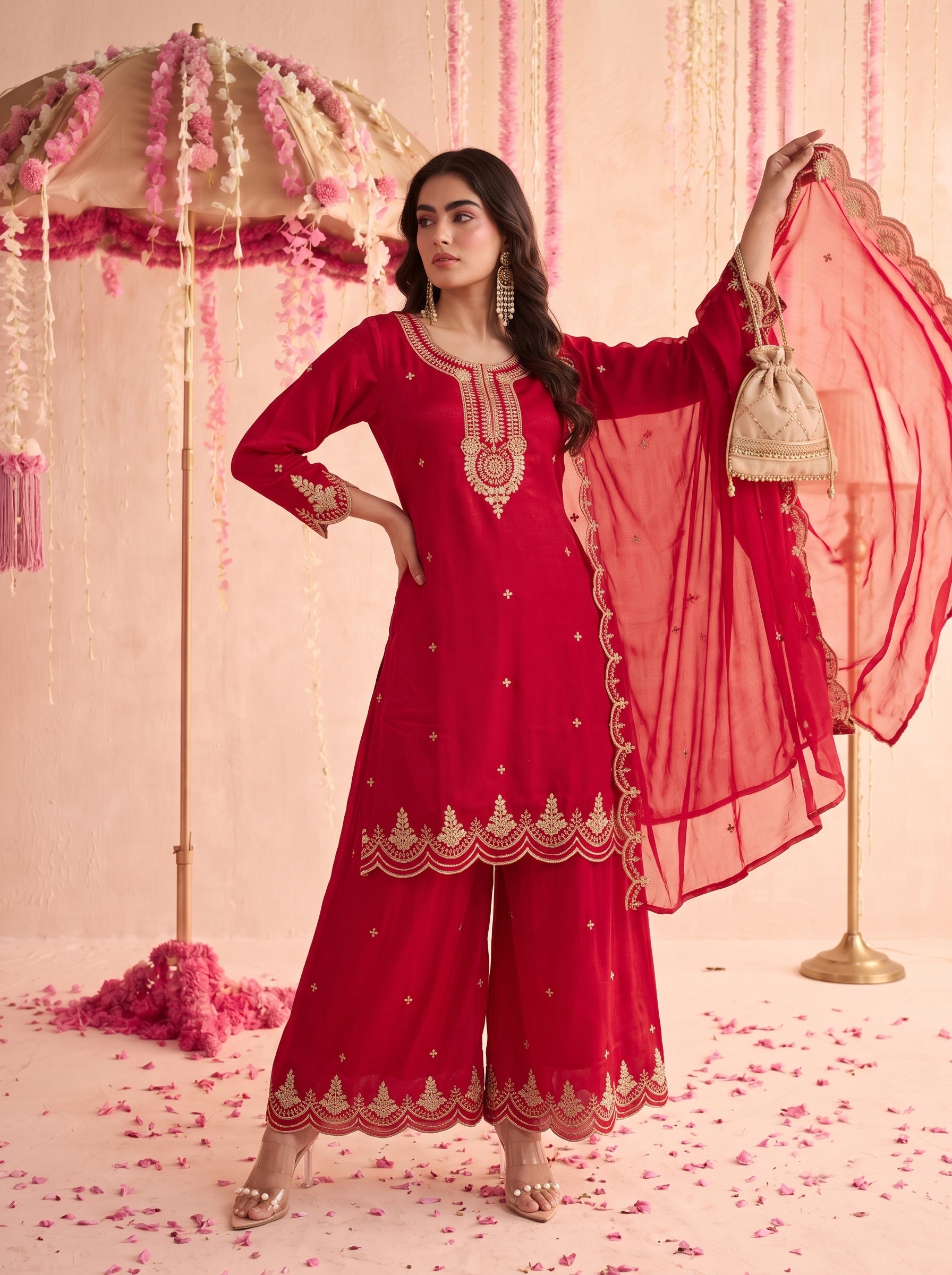 Crimson Red Embroidered Sharara Set