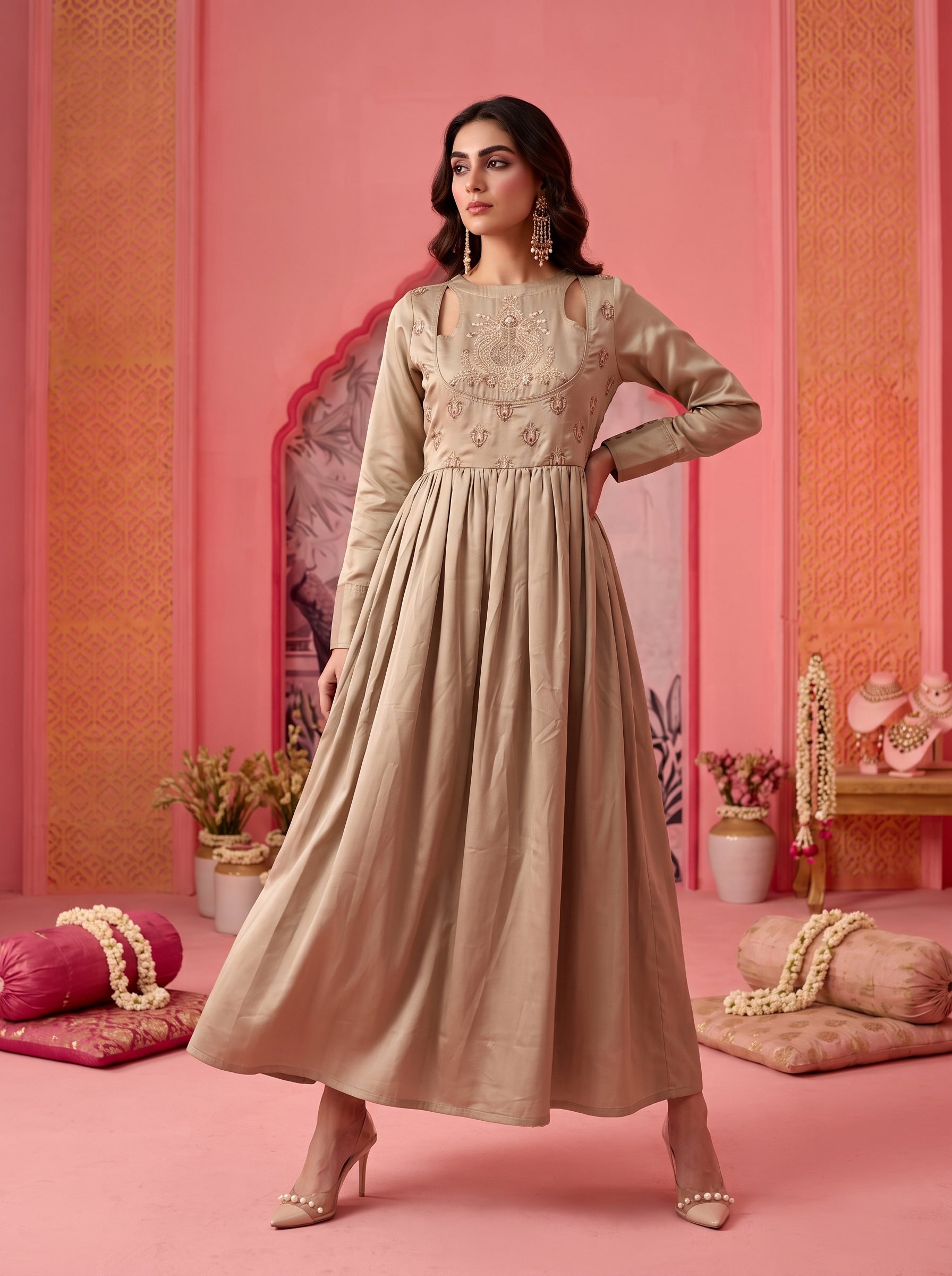 Taupe Nilofer Embroidered Dress