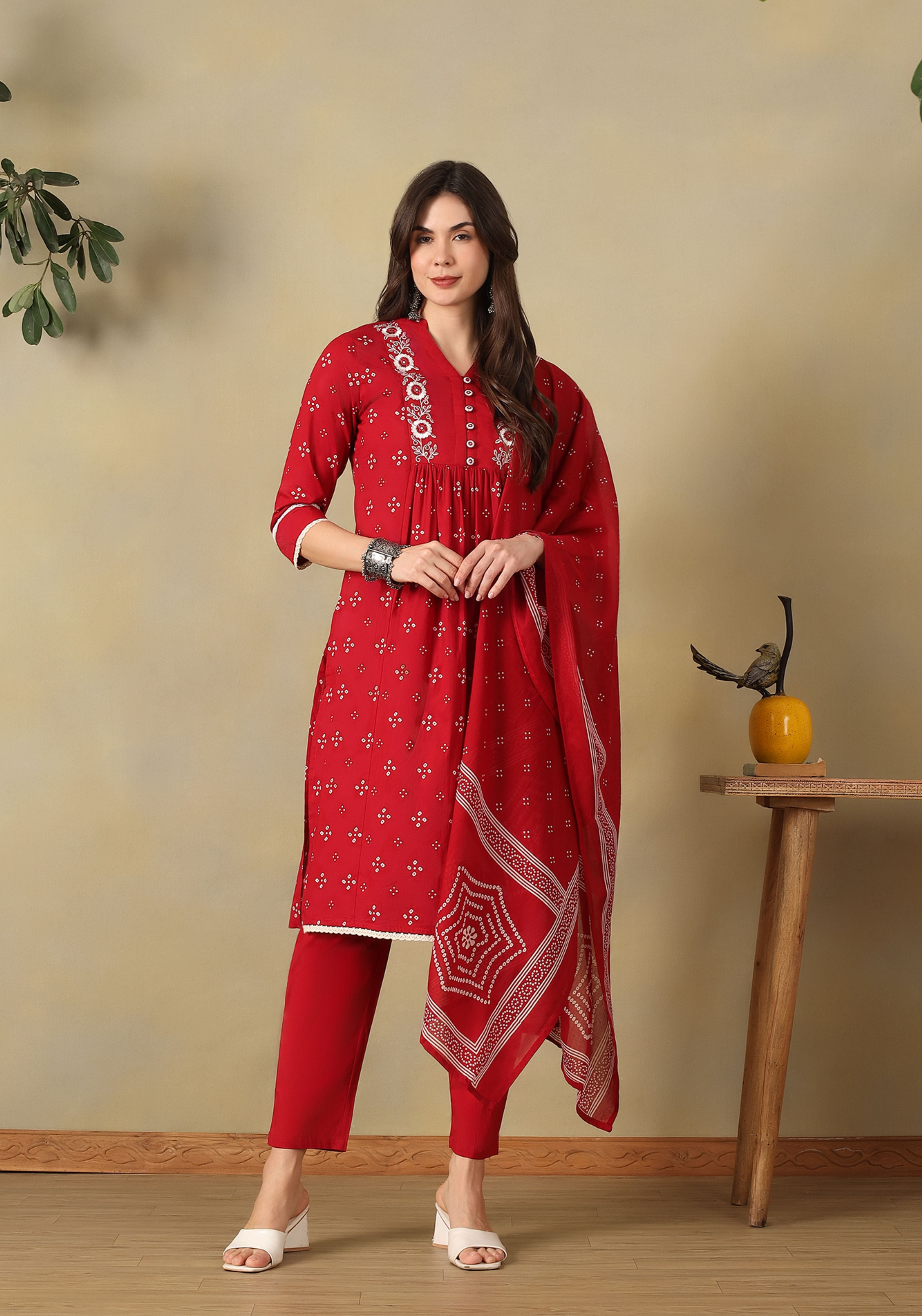 Red Inara Straight Suit Set