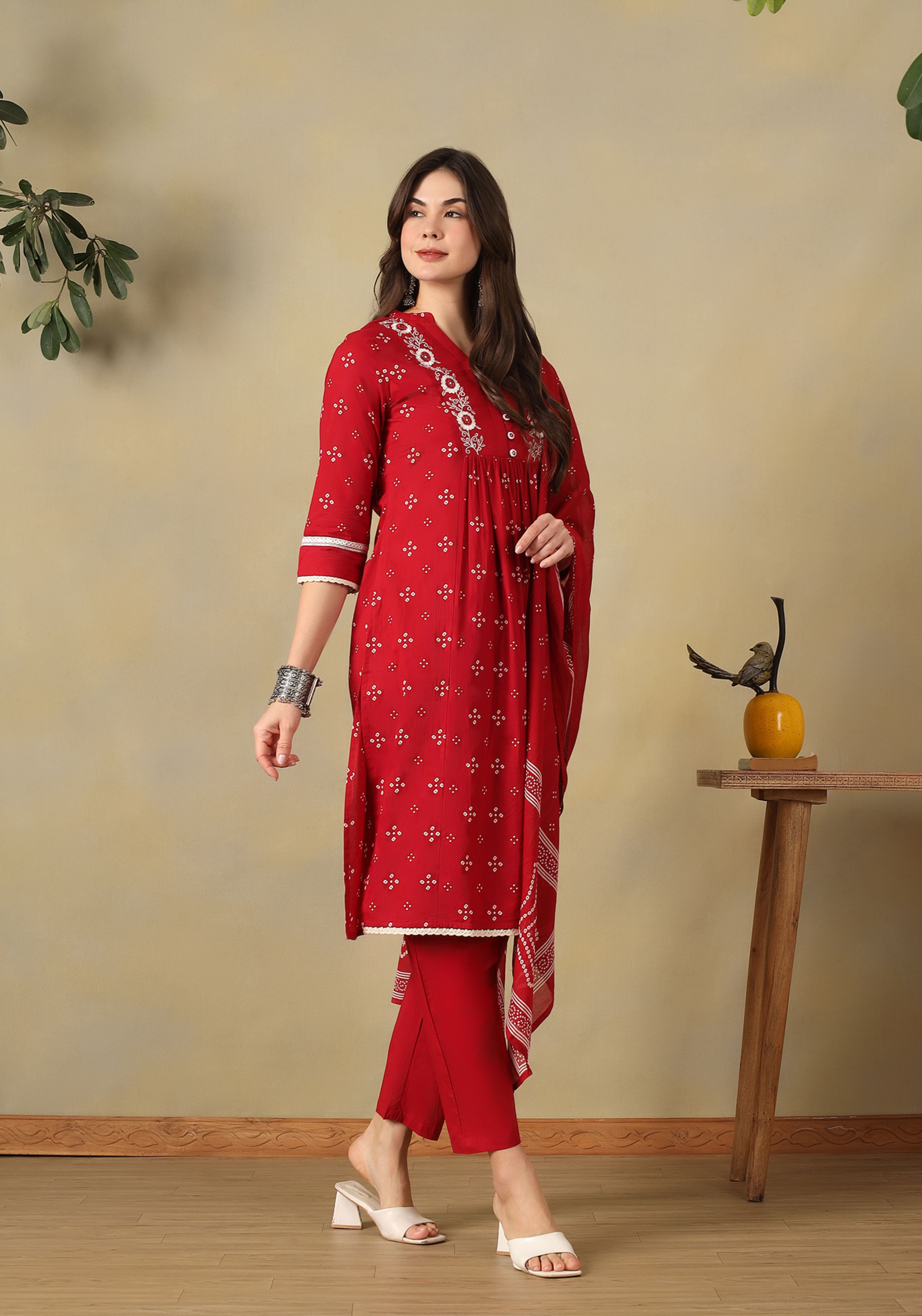 Red Inara Straight Suit Set