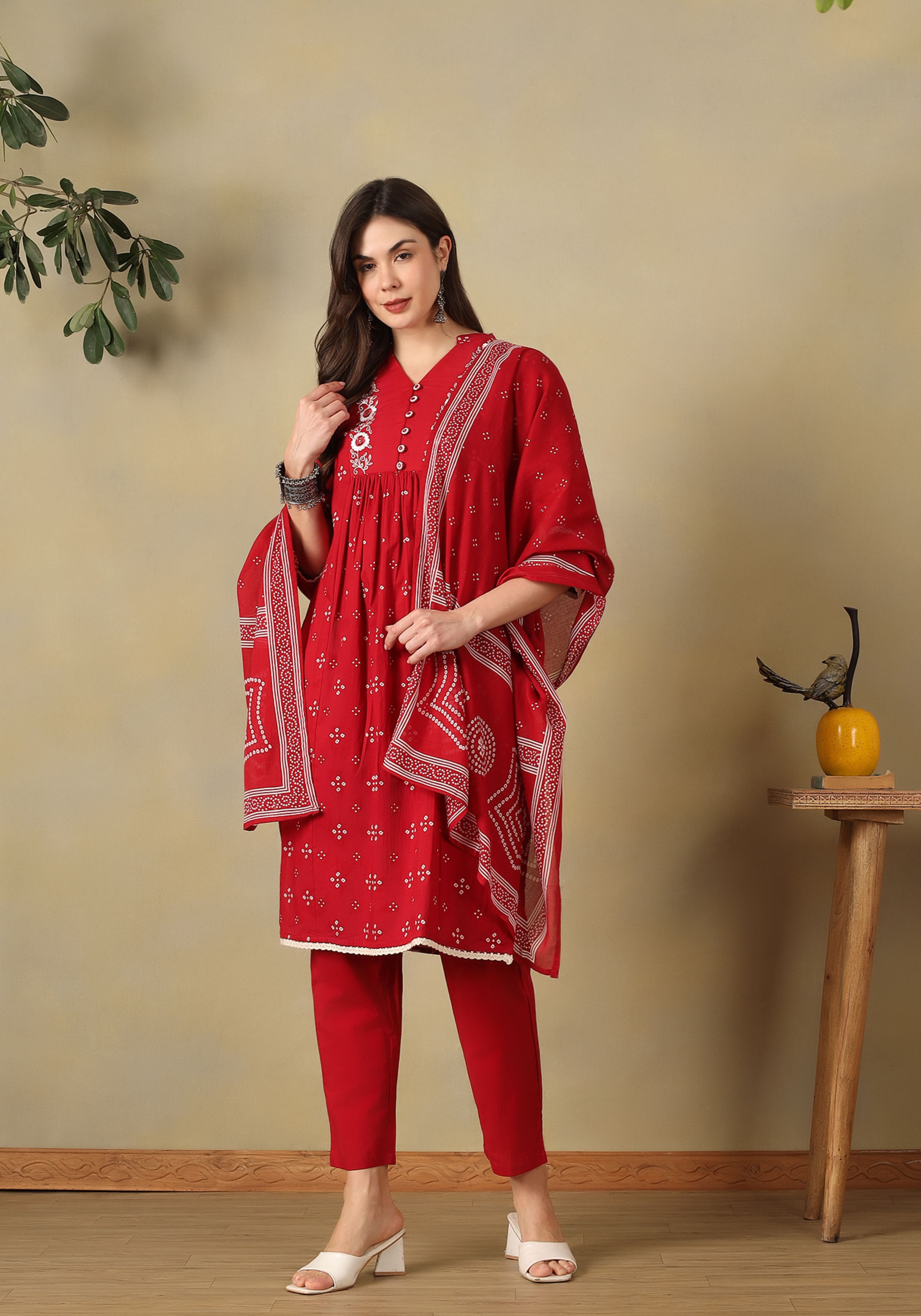 Red Inara Straight Suit Set