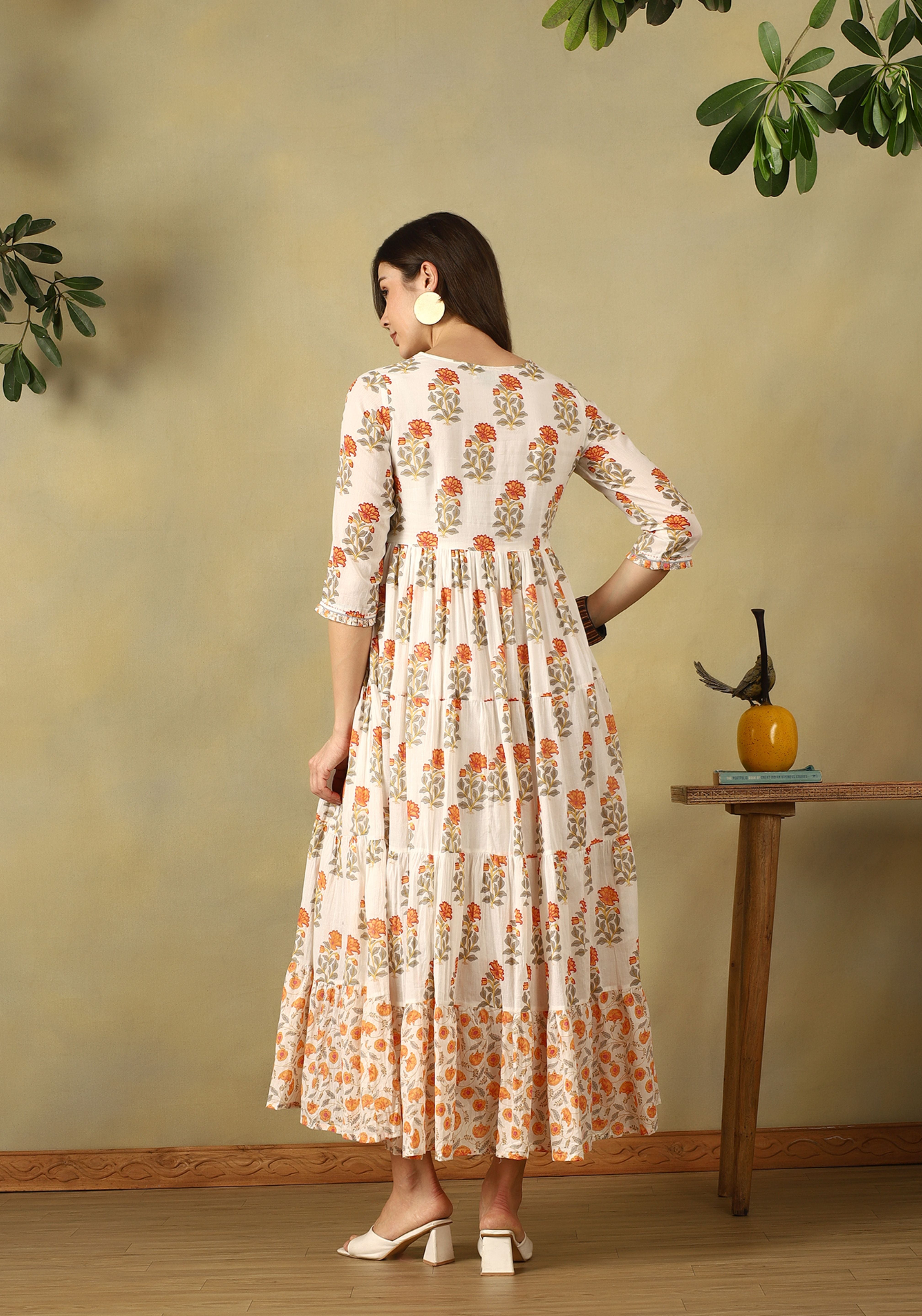 Cream Kavya Tiered Anarkali Dress