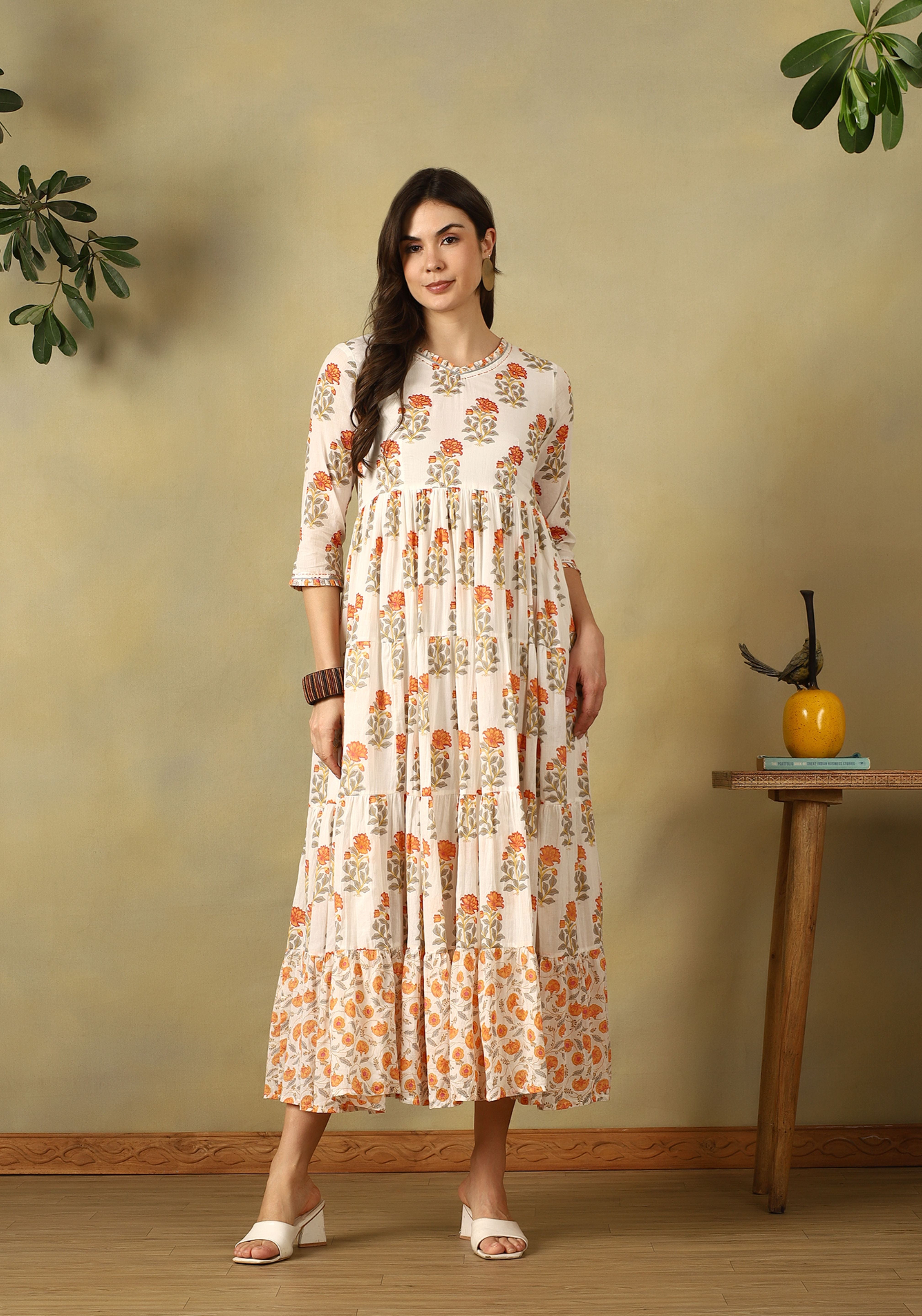 Cream Kavya Tiered Anarkali Dress
