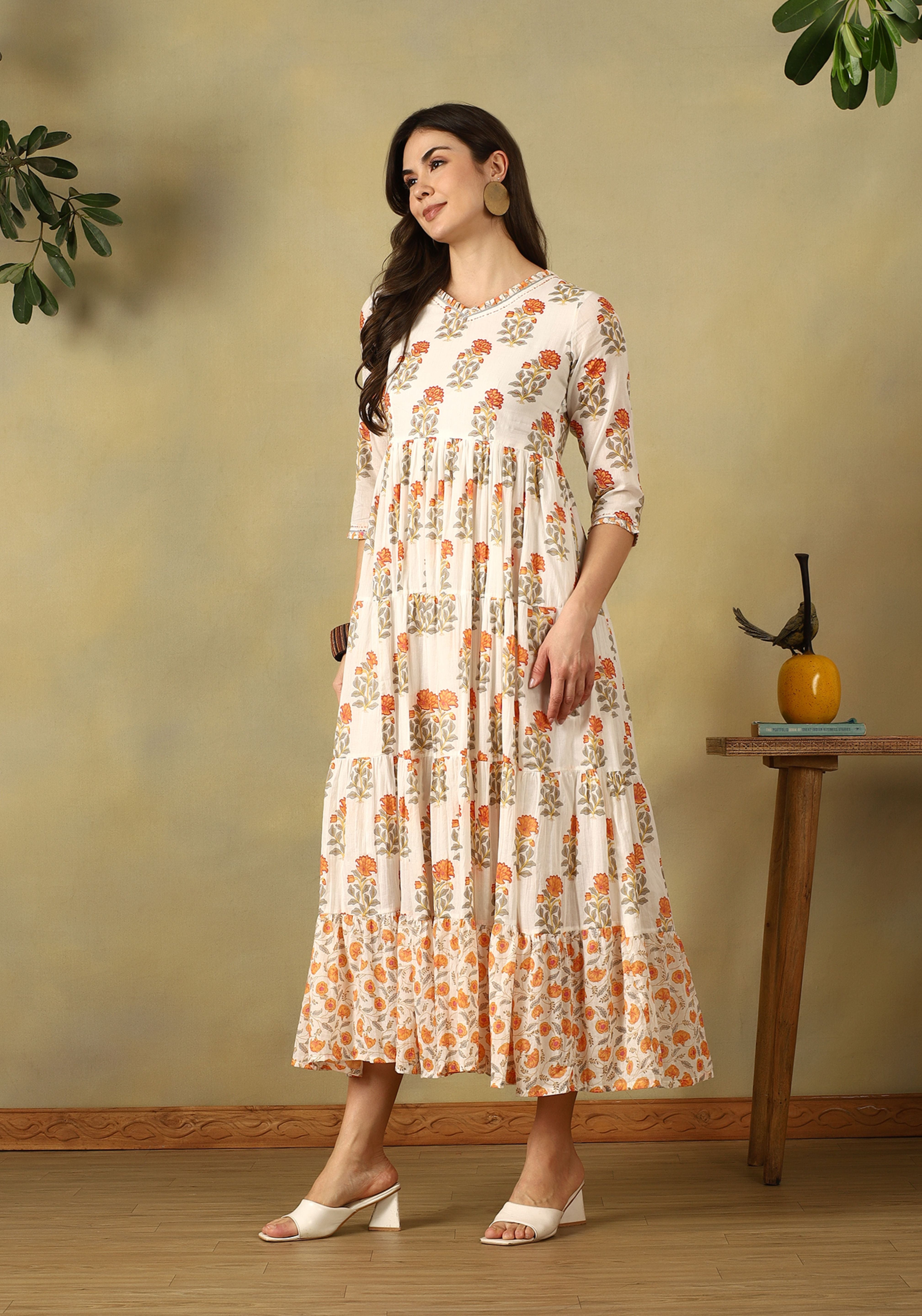 Cream Kavya Tiered Anarkali Dress