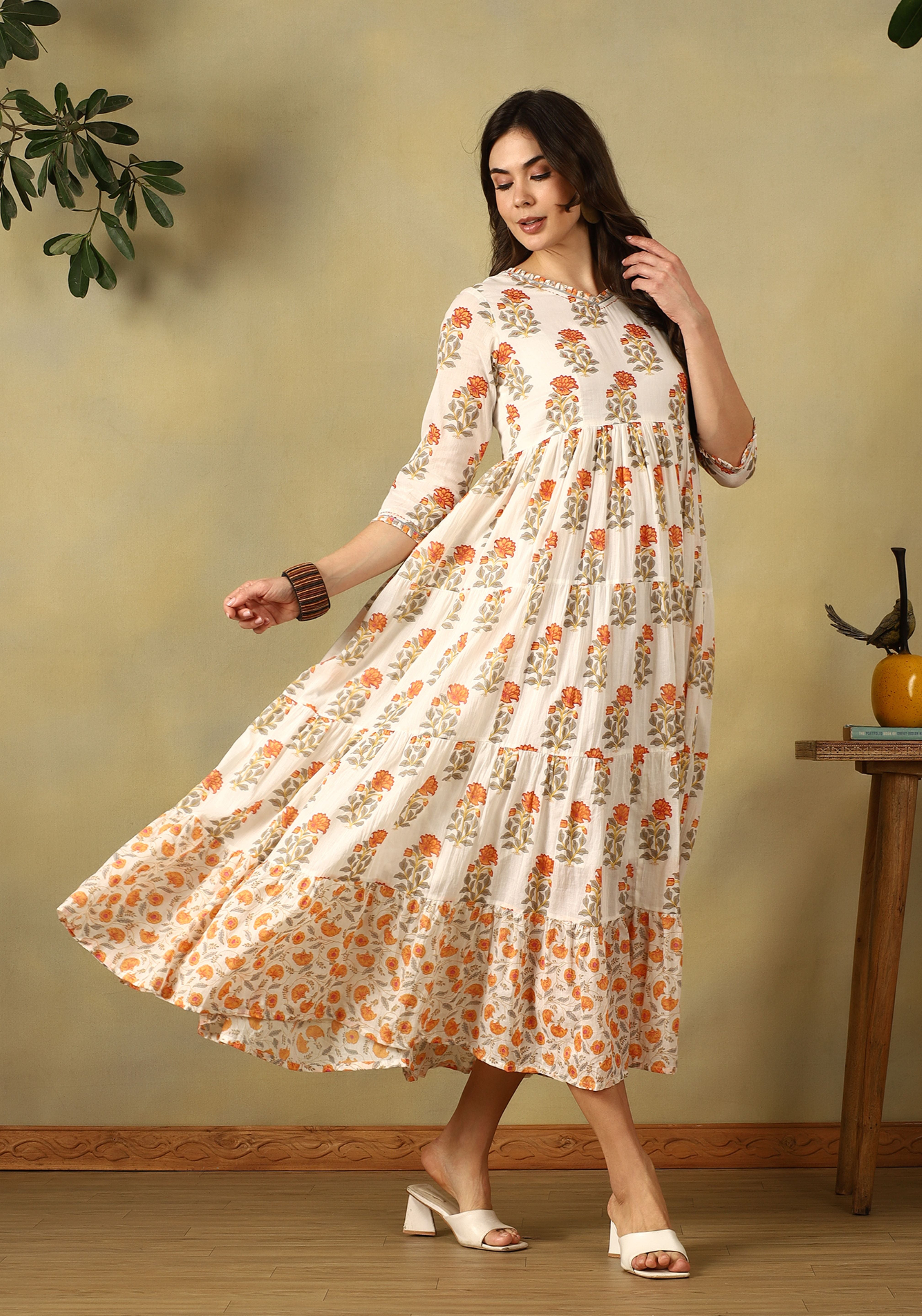 Cream Kavya Tiered Anarkali Dress