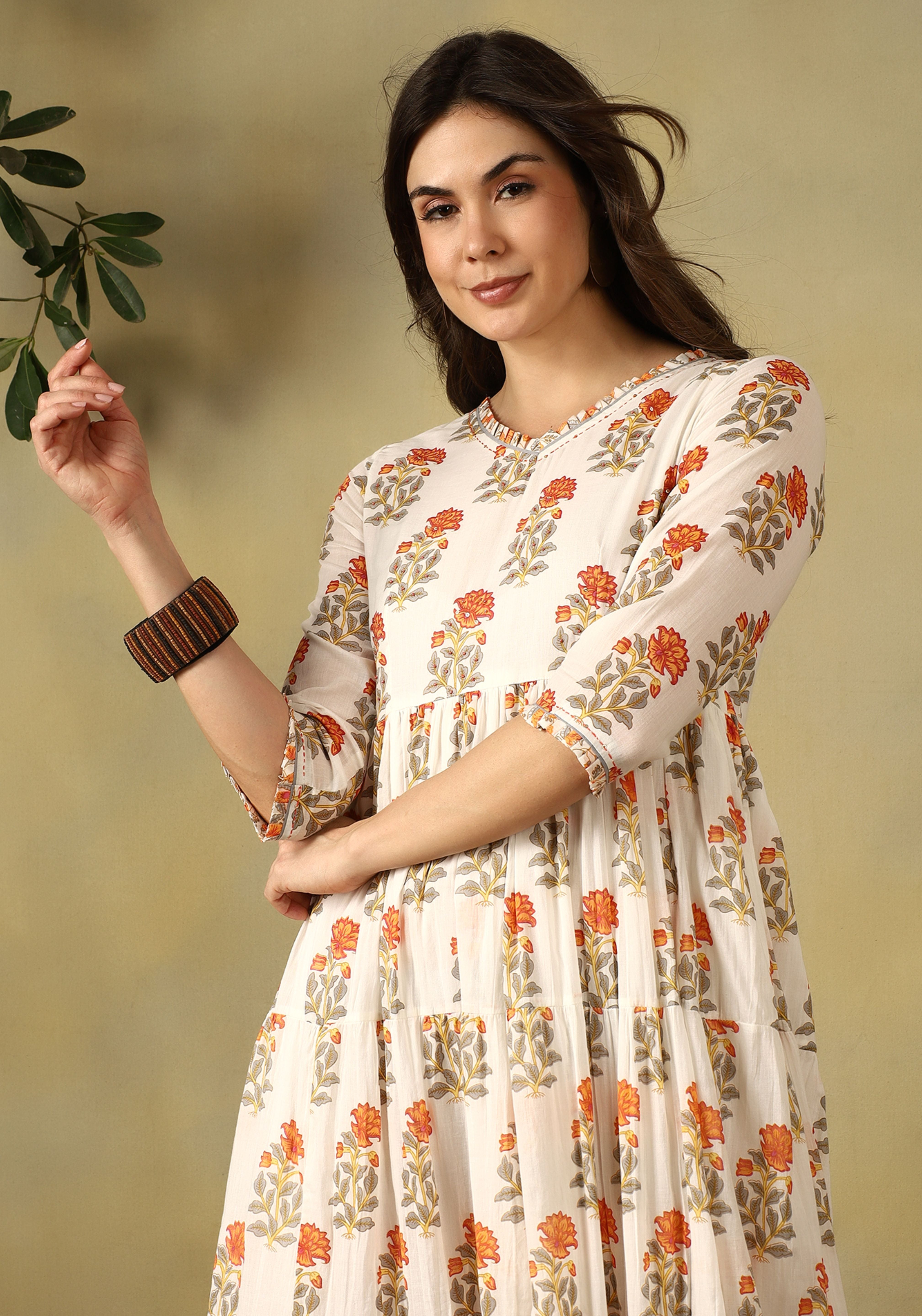 Cream Kavya Tiered Anarkali Dress