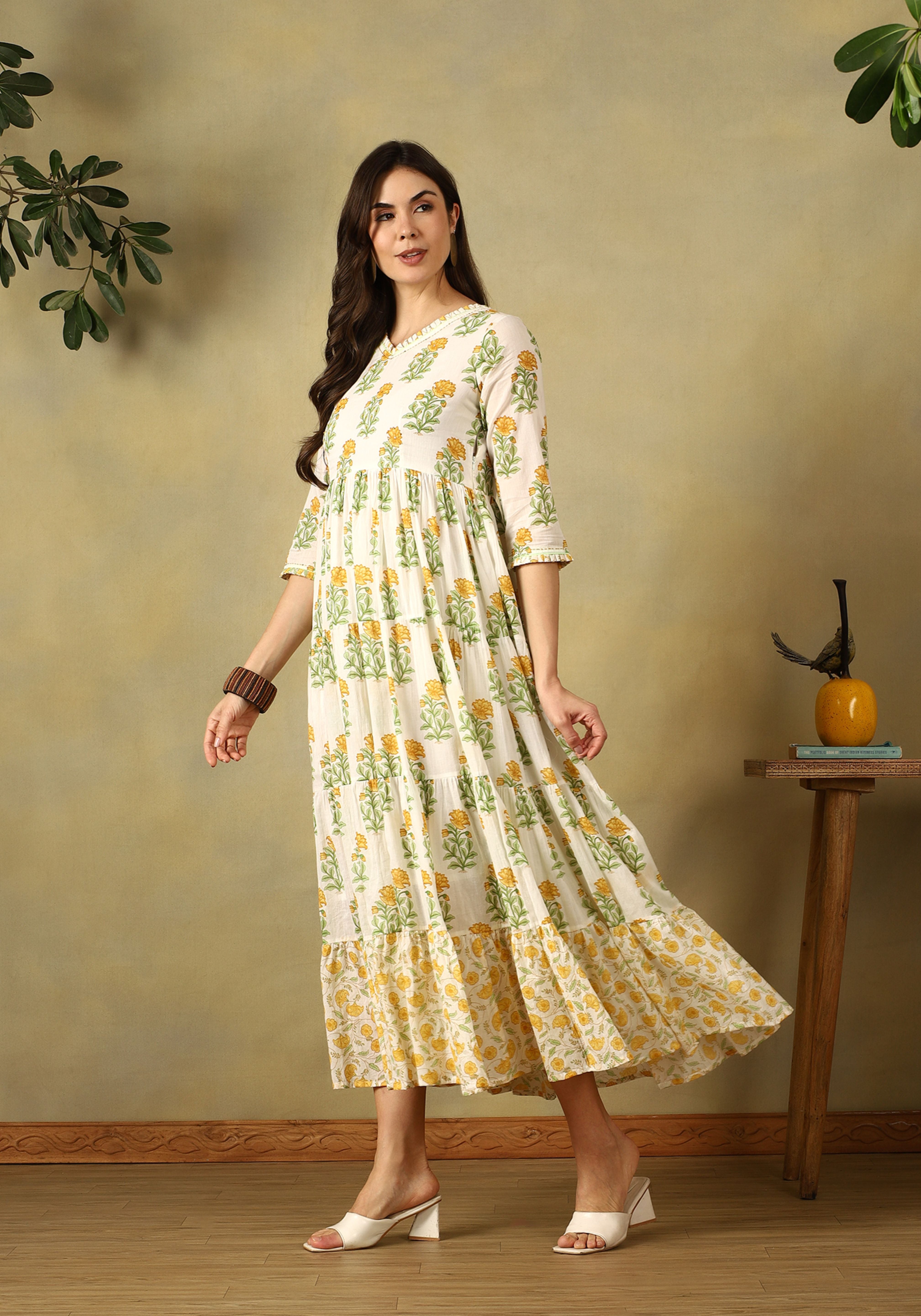Off-White Sanvi Tiered Anarkali Dress