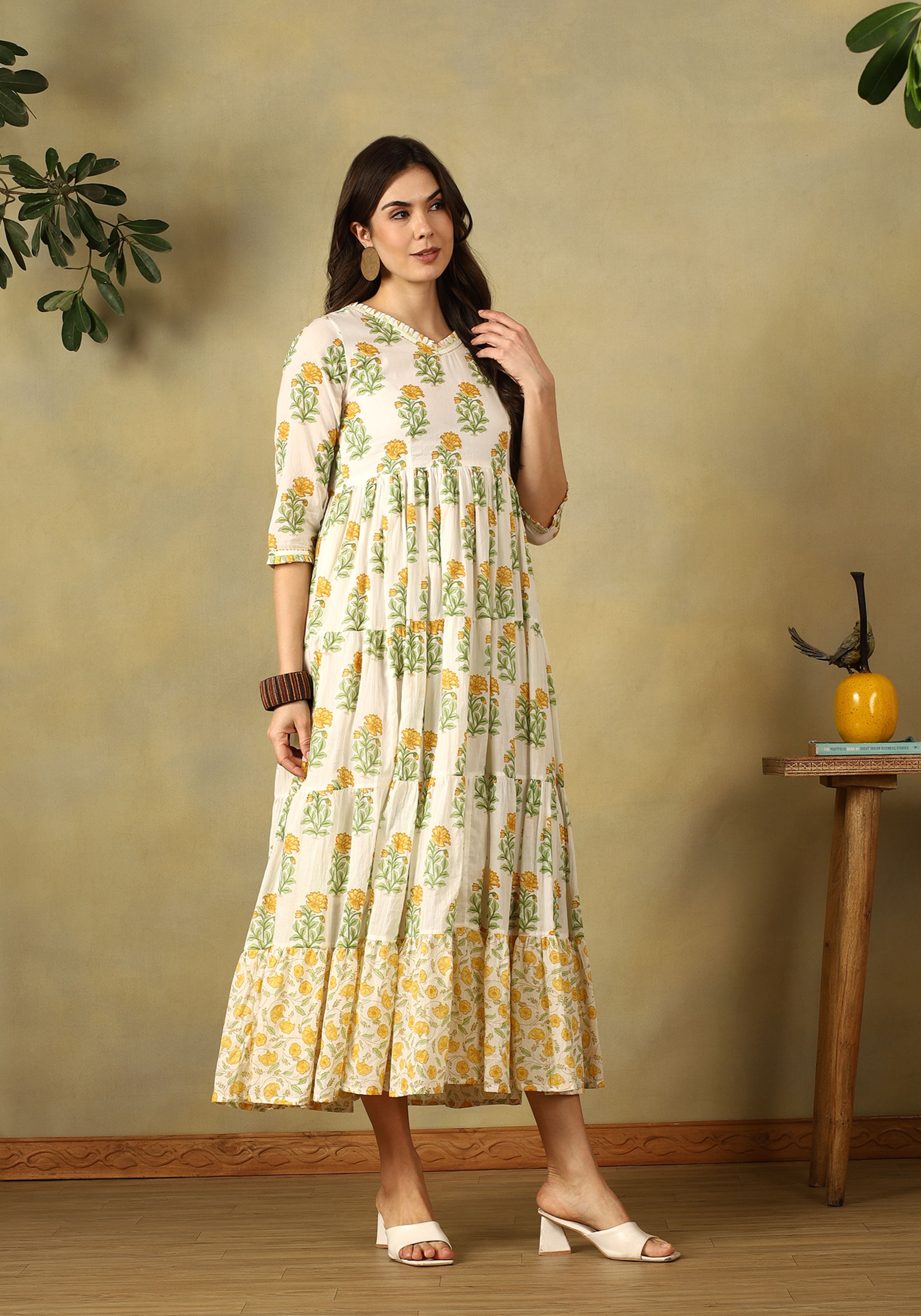 Off-White Sanvi Tiered Anarkali Dress