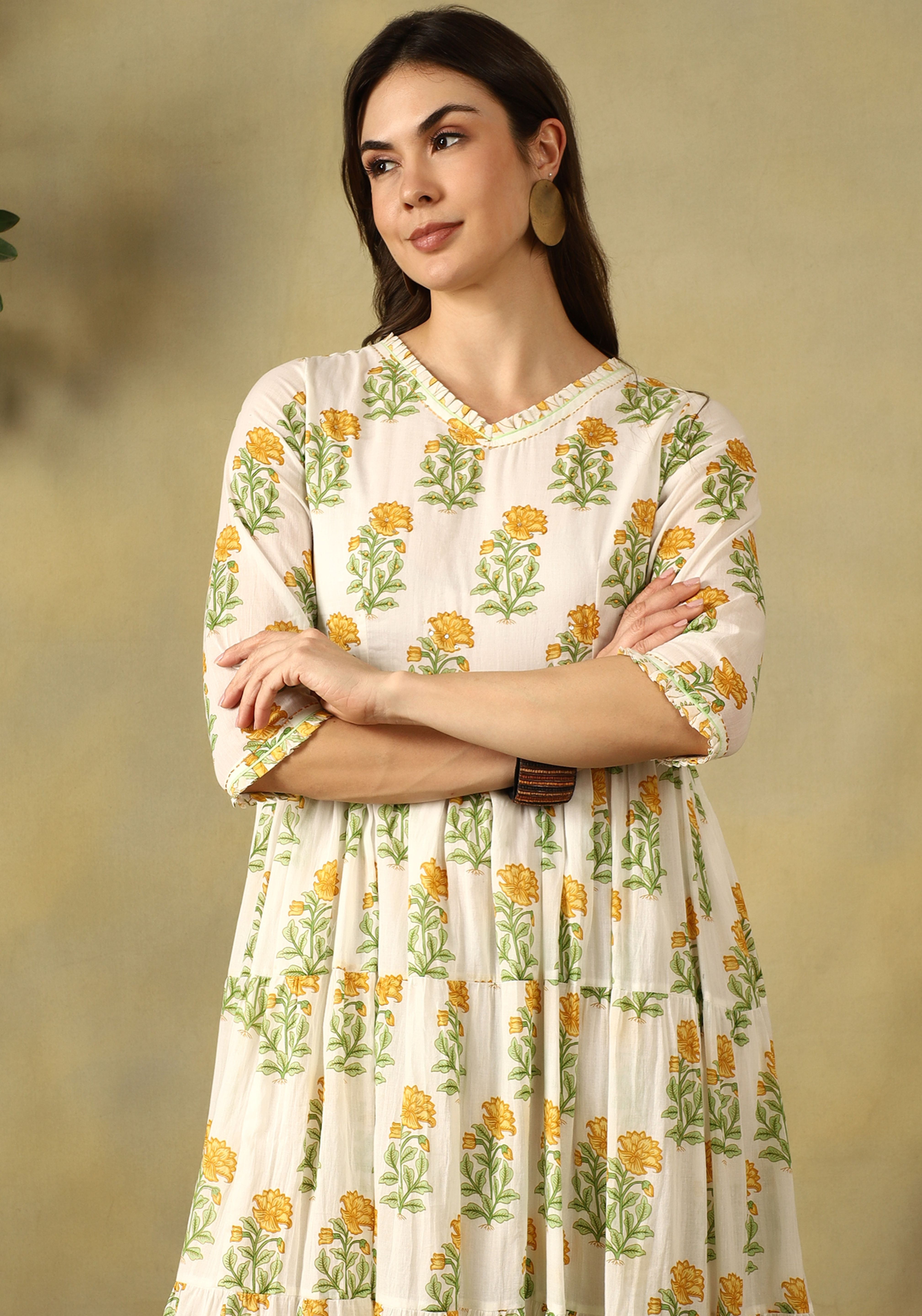 Off-White Sanvi Tiered Anarkali Dress