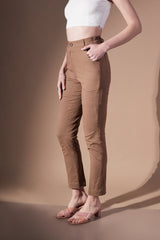 Buy Mid Waist Pants Lycra Peanut Brown Opaque Pants 