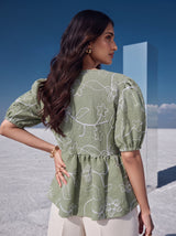 Sage Embroidered Tie-Neck Top