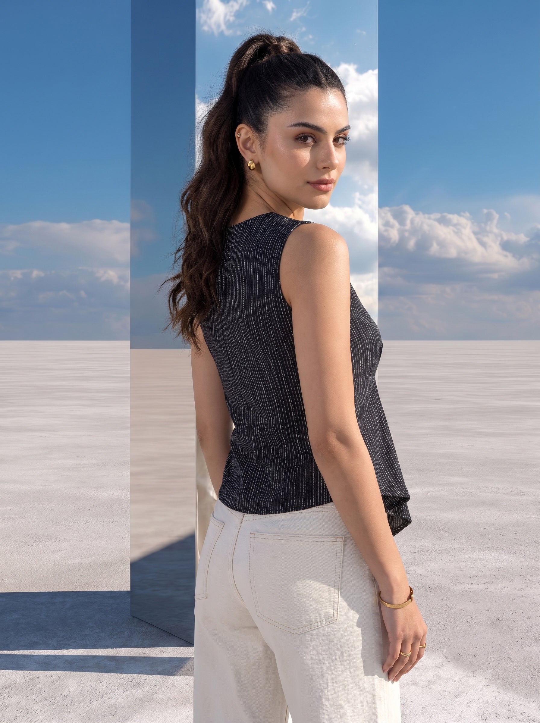 Charcoal Draped Pinstripe Top
