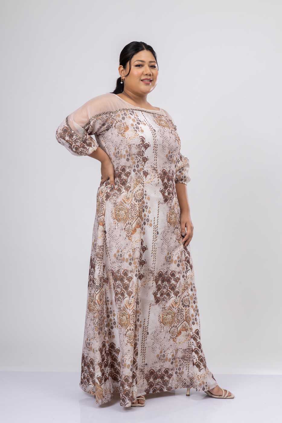 Wheatfields Boat Neck Embroidered Gown