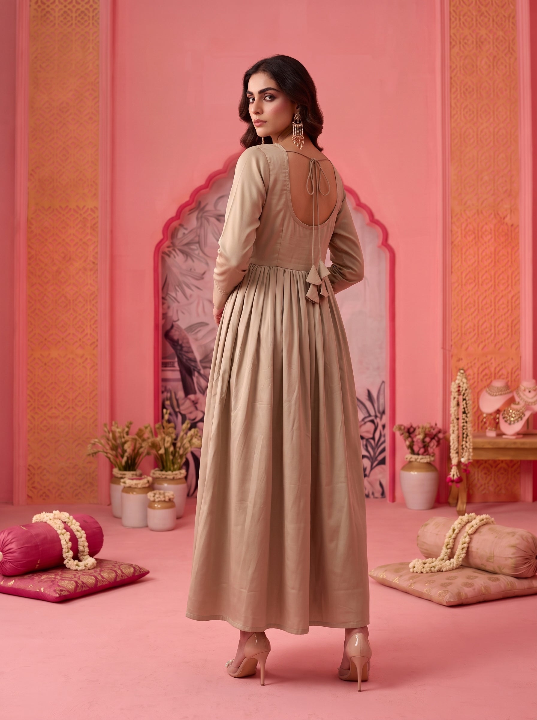 Taupe Nilofer Embroidered Dress