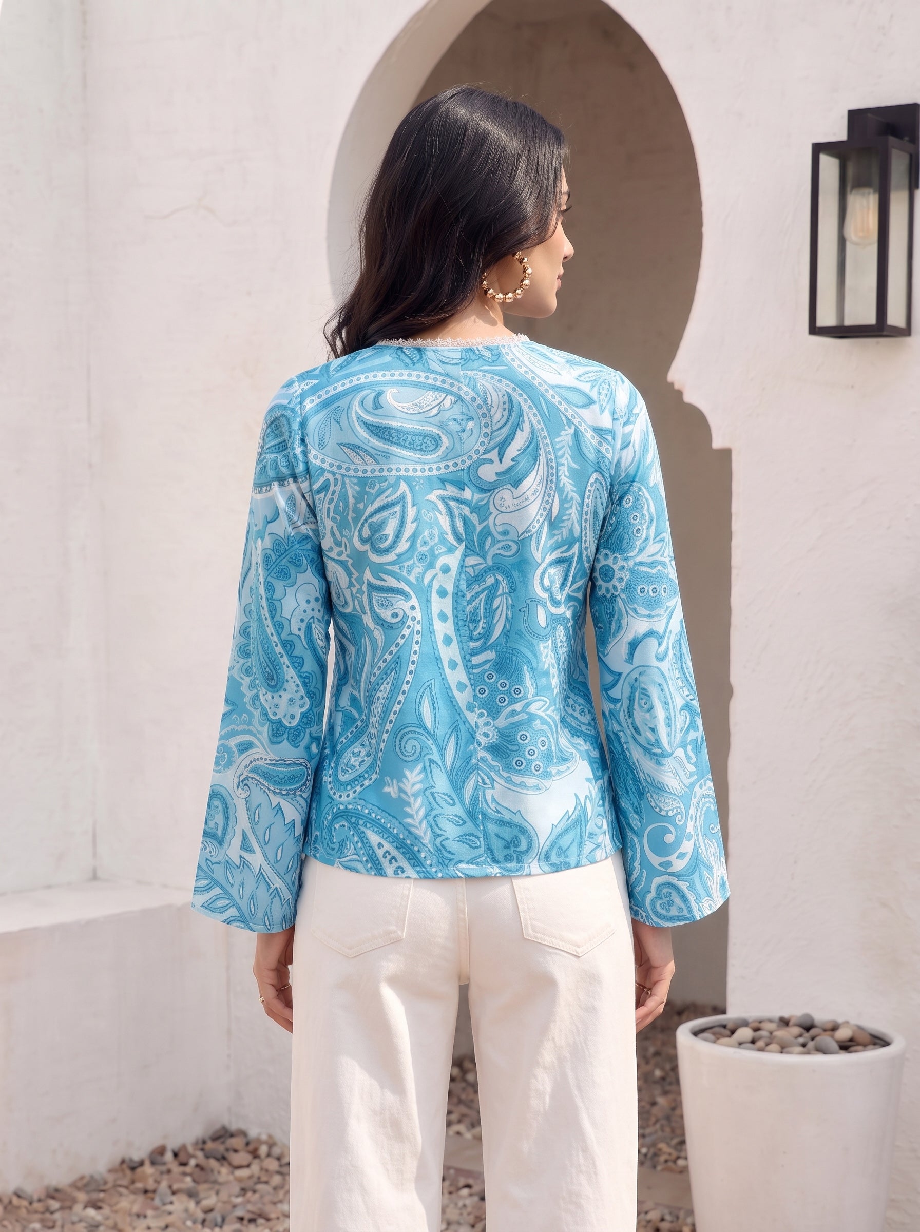 Azure Paisley Button Top
