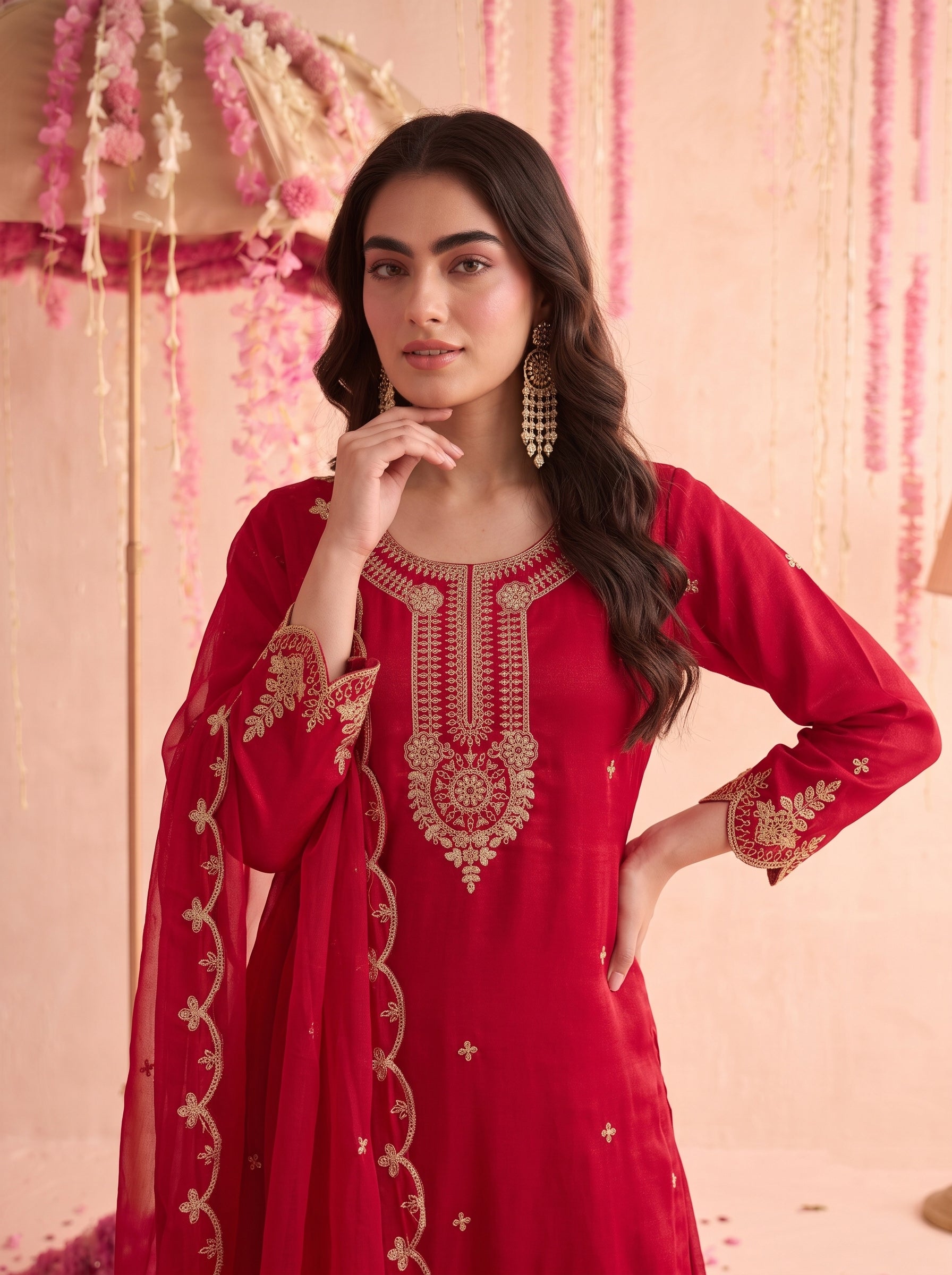 Crimson Red Embroidered Sharara Set