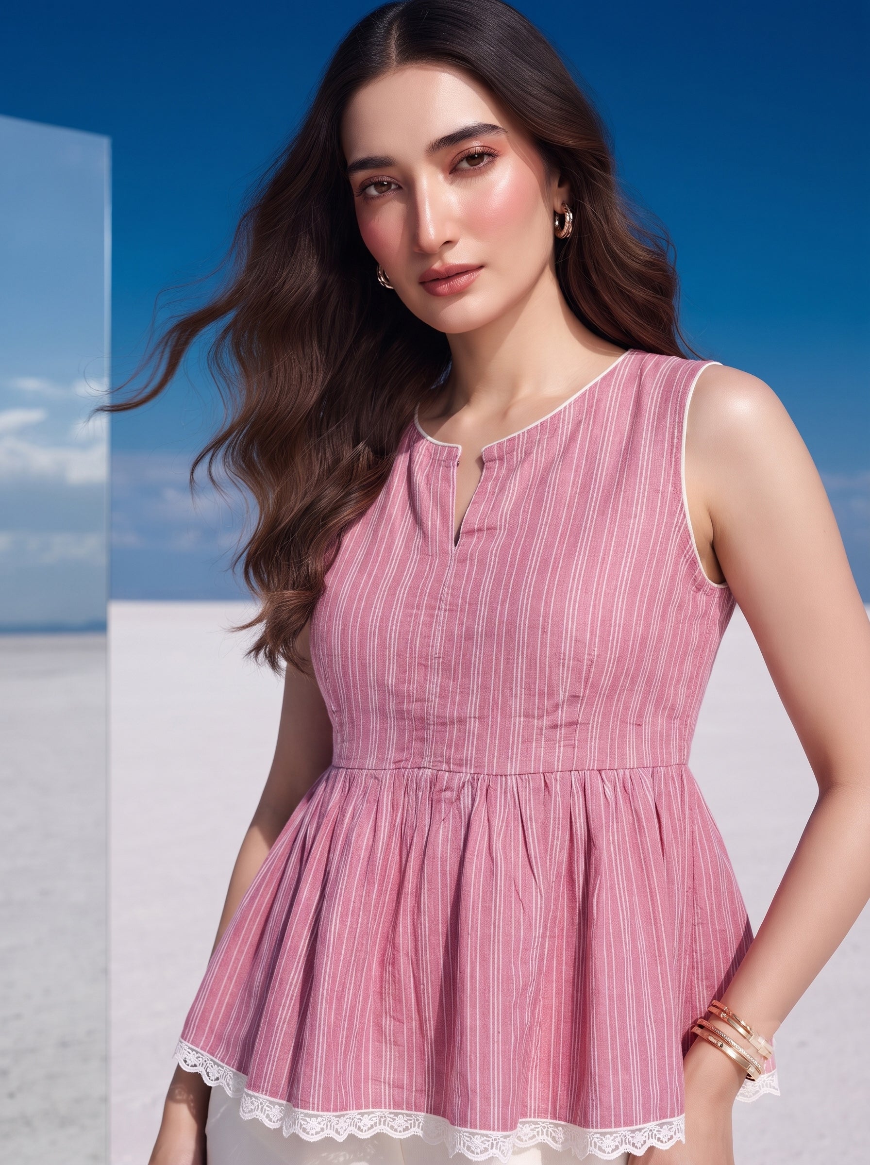 Pink Stripe Lace-Trim Top