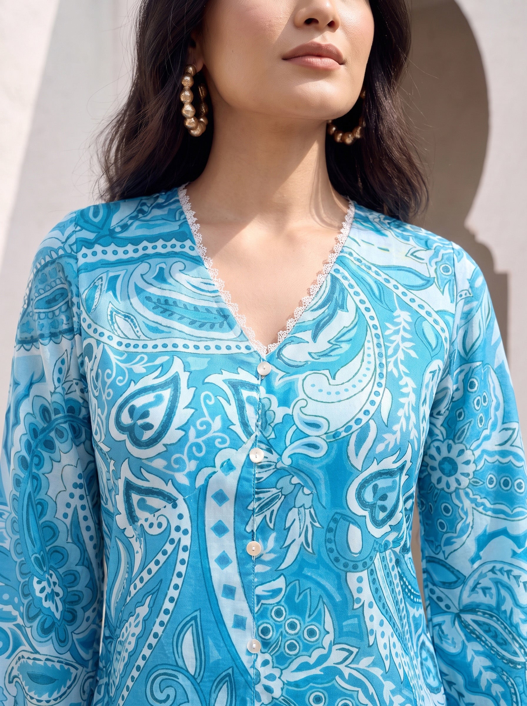 Azure Paisley Button Top