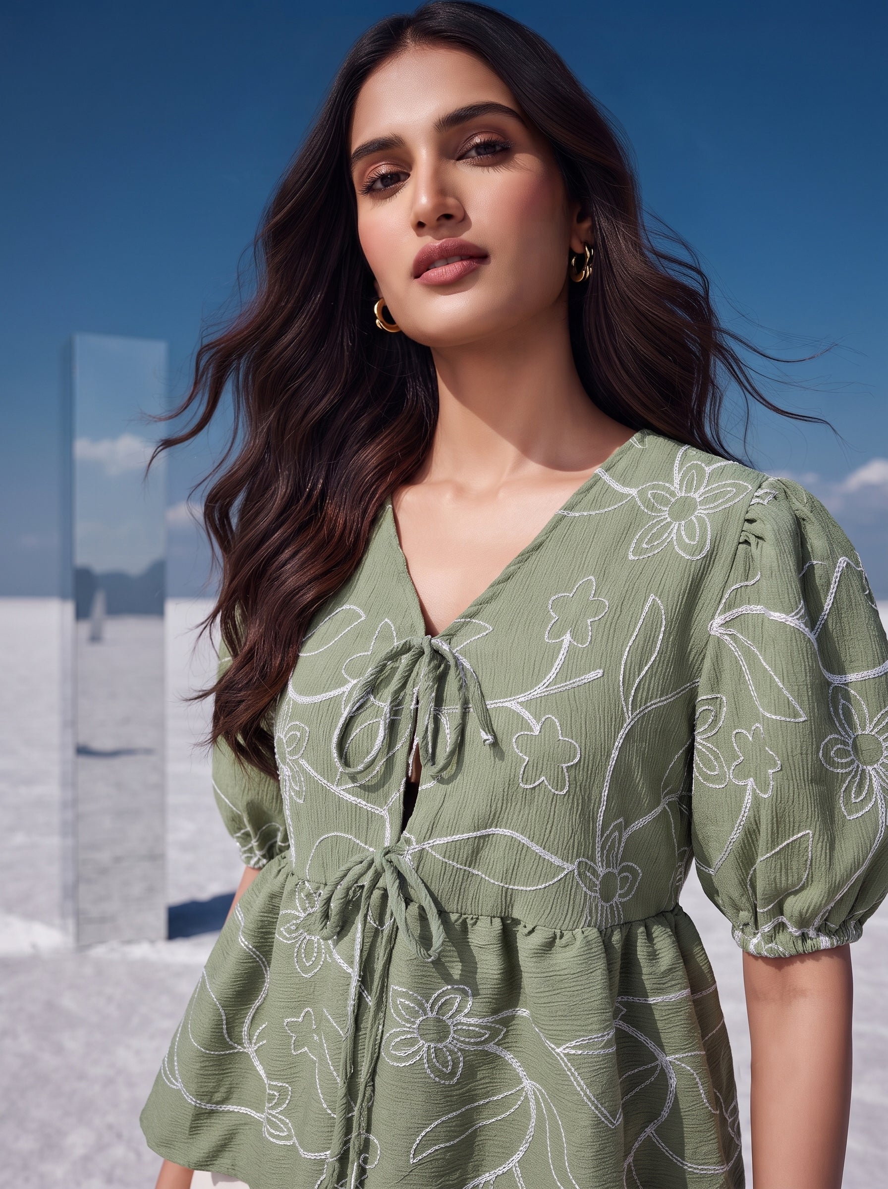 Sage Embroidered Tie-Neck Top