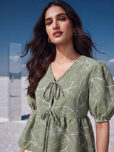 Sage Embroidered Tie-Neck Top