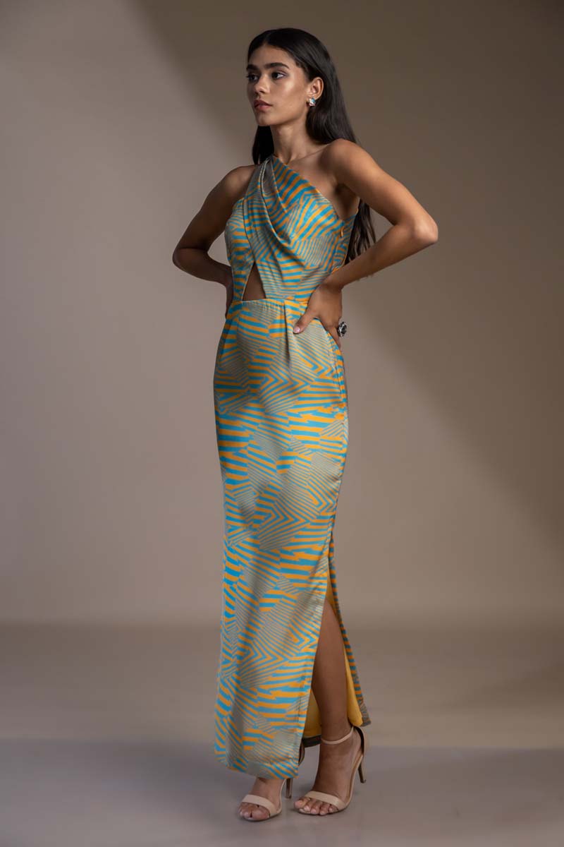 turquoise blue and yellow one shoulder slit dress