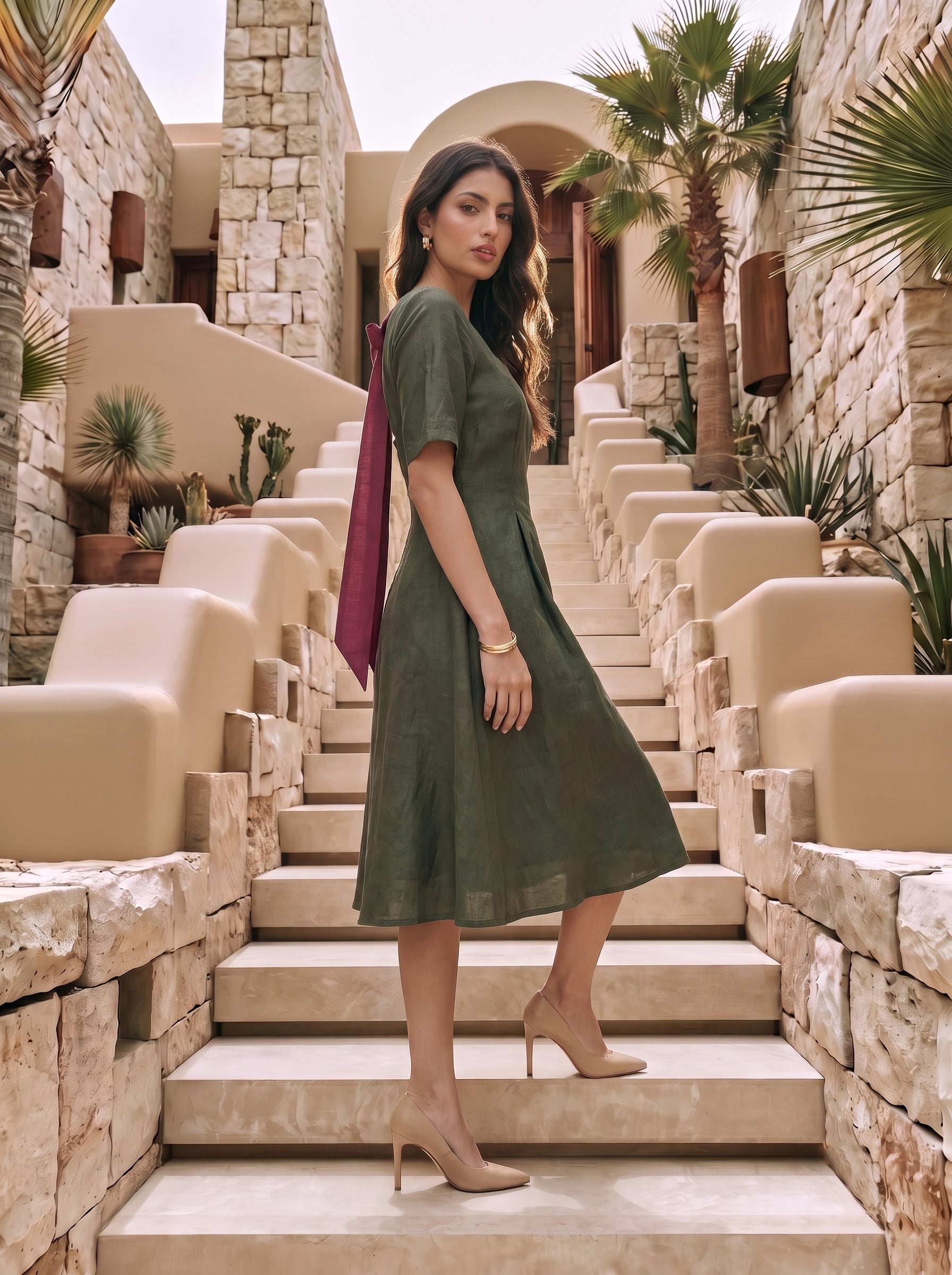 Olive Sweetheart-Neck Dress