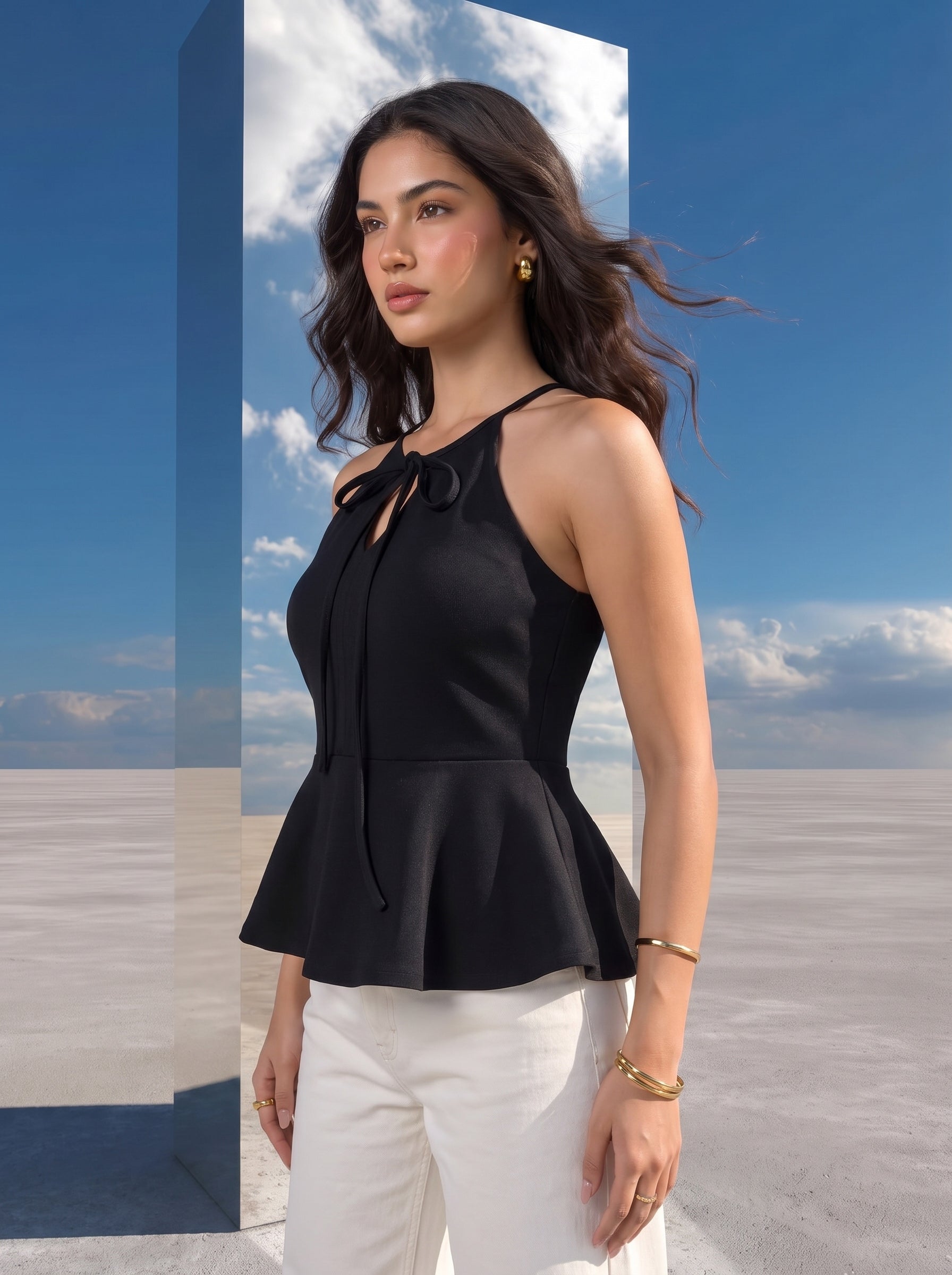 Noir Tie-Neck Peplum Halter Top