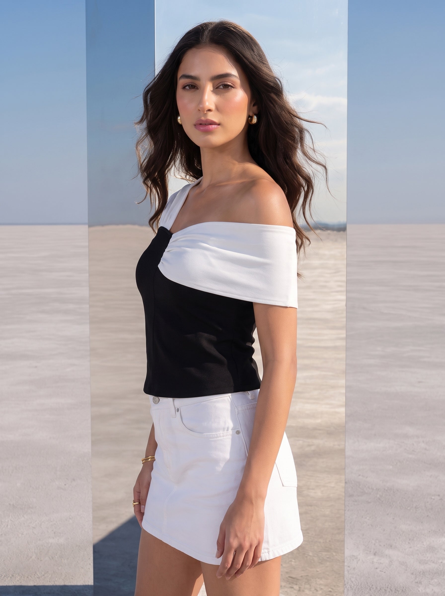 Monochrome Twist Off-Shoulder Top