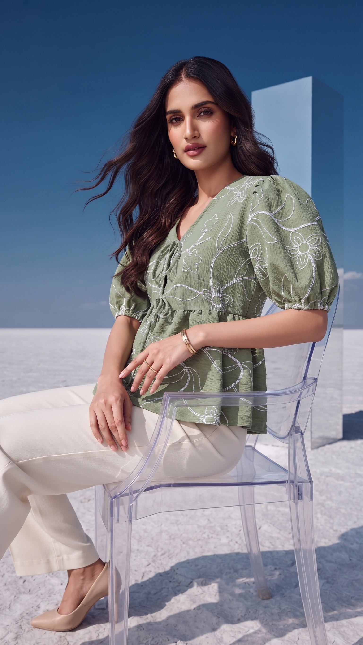 Sage Embroidered Tie-Neck Top