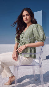Sage Embroidered Tie-Neck Top