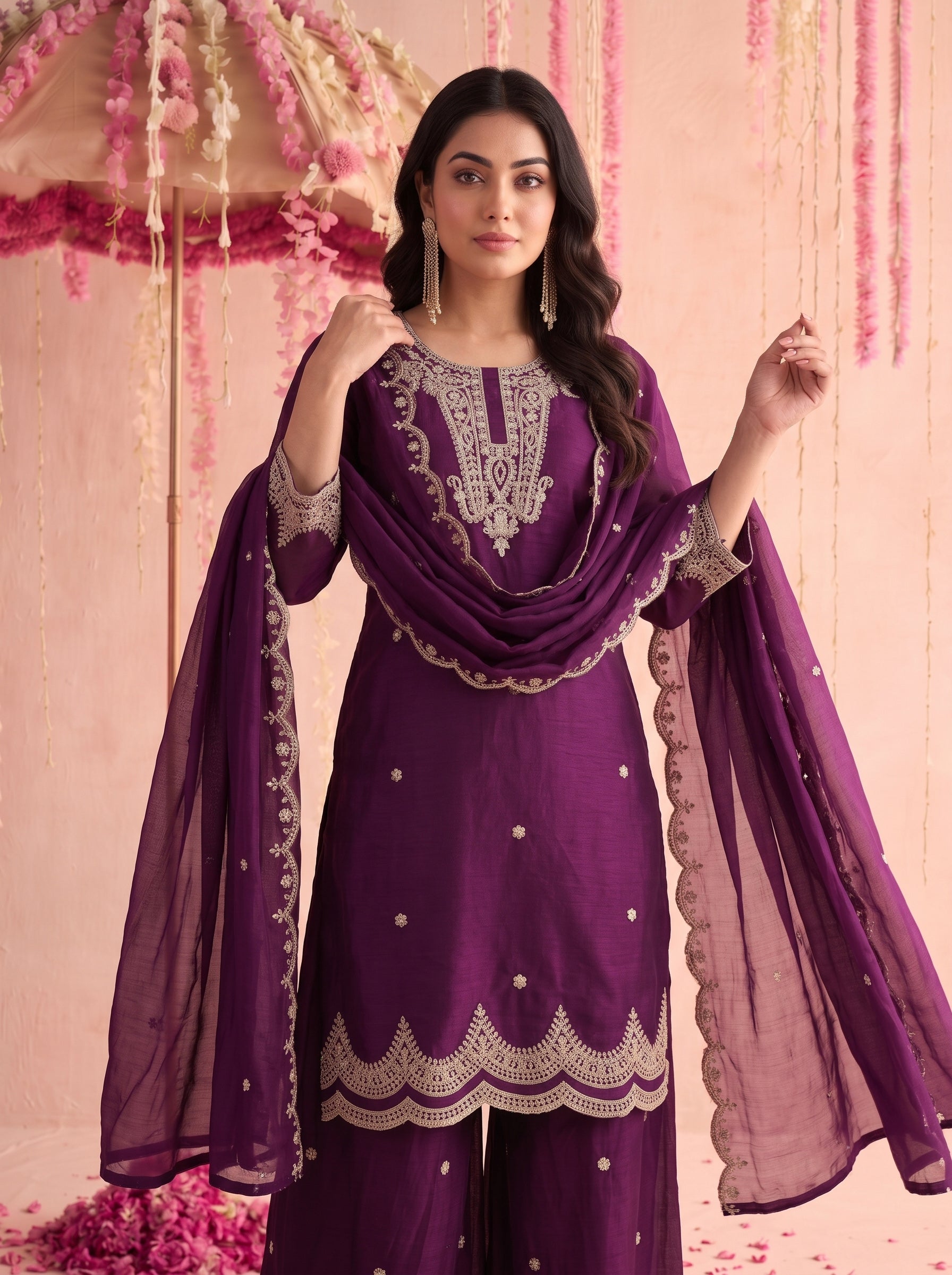 Royal Purple Embroidered Sharara Set
