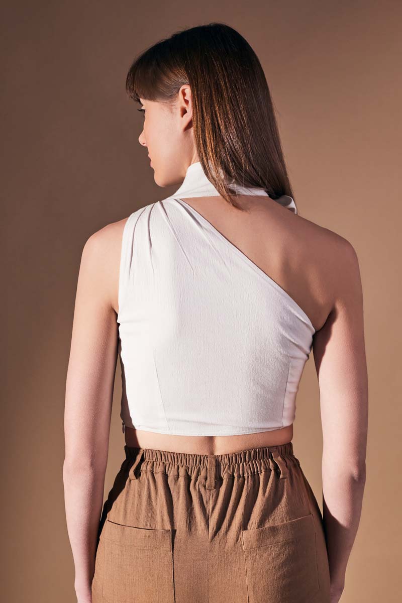 one shoulder tie-knot style crop top