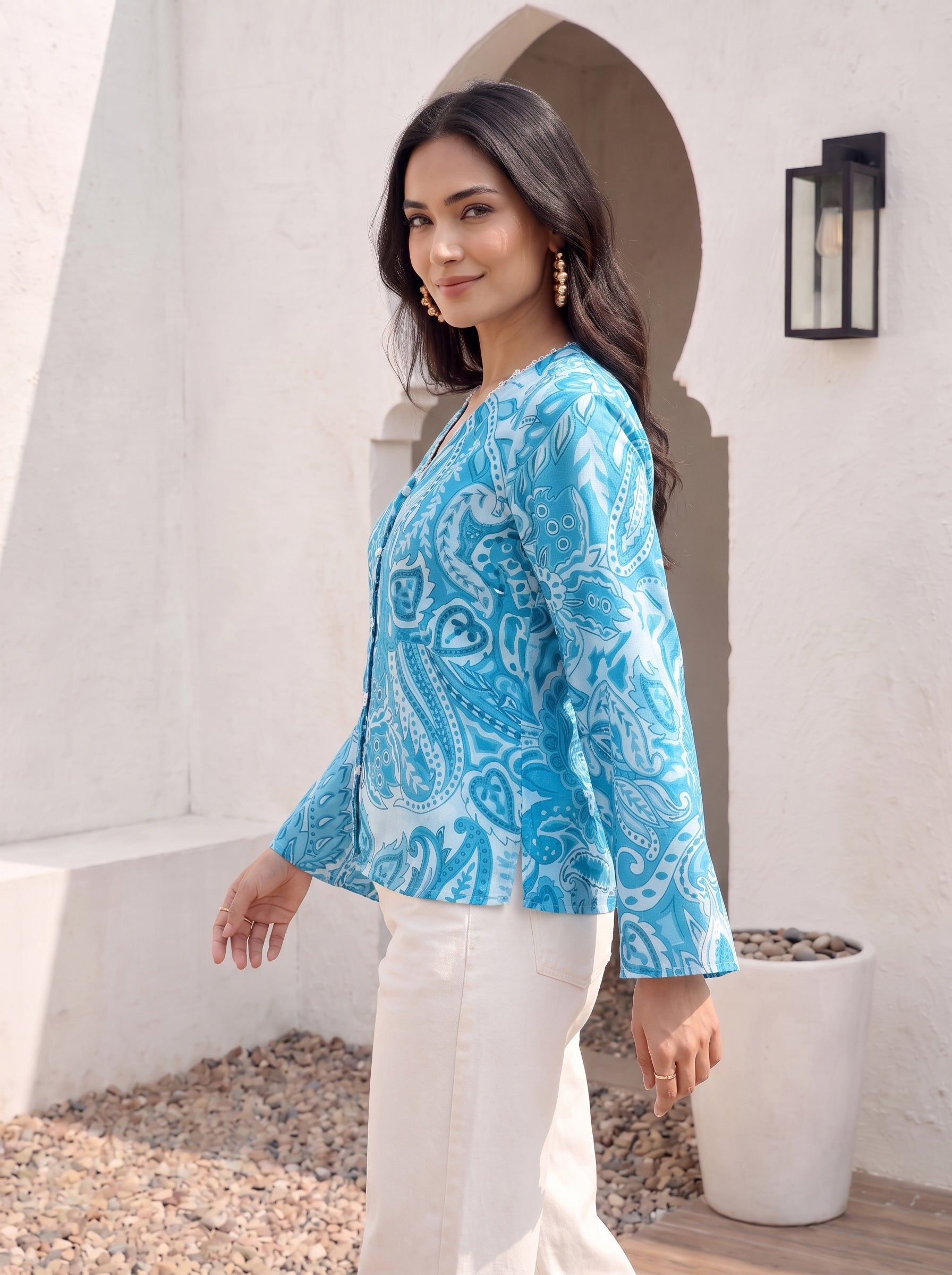 Azure Paisley Button Top