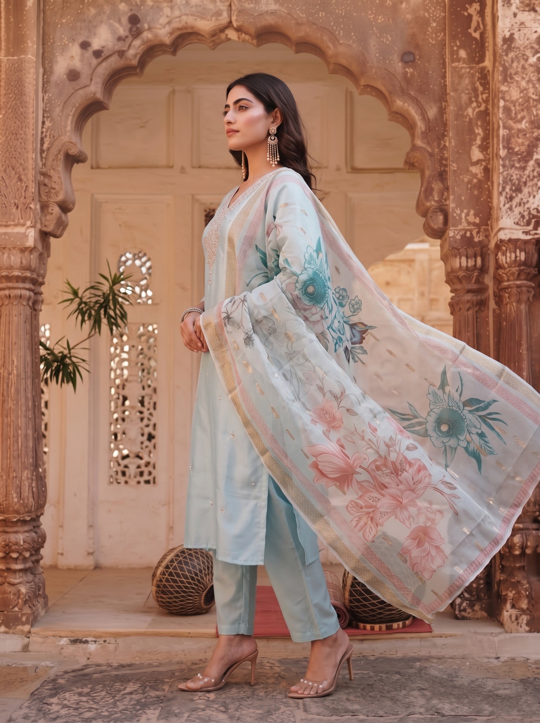Powder Blue Bloom  Festive Kurta Set