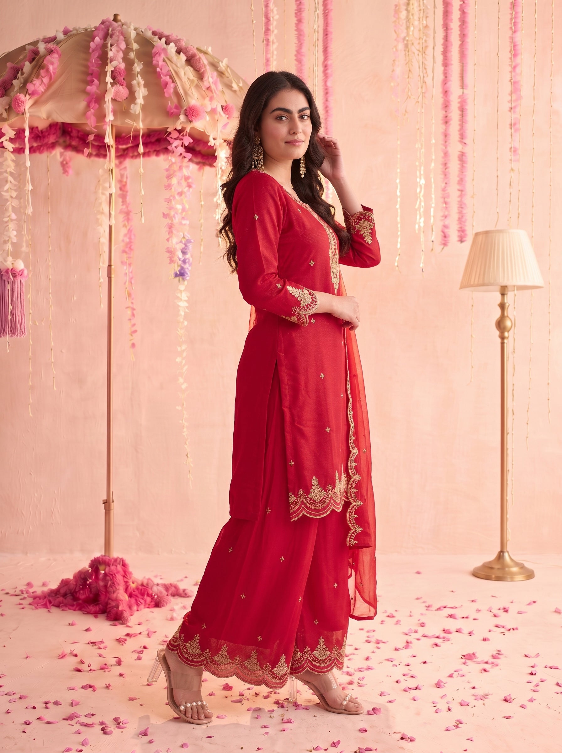 Crimson Red Embroidered Sharara Set