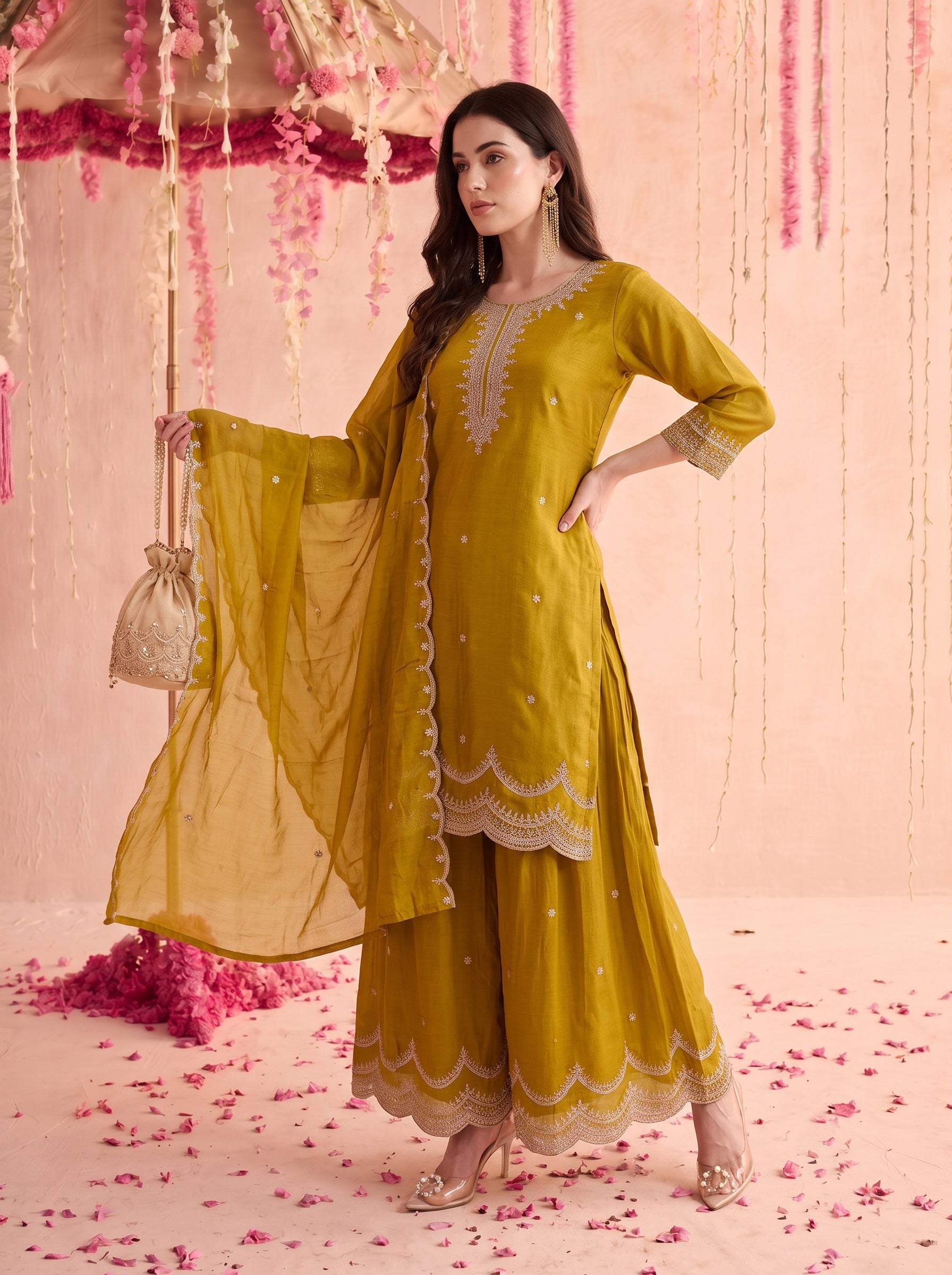 Lime Green Embroidered Sharara Set