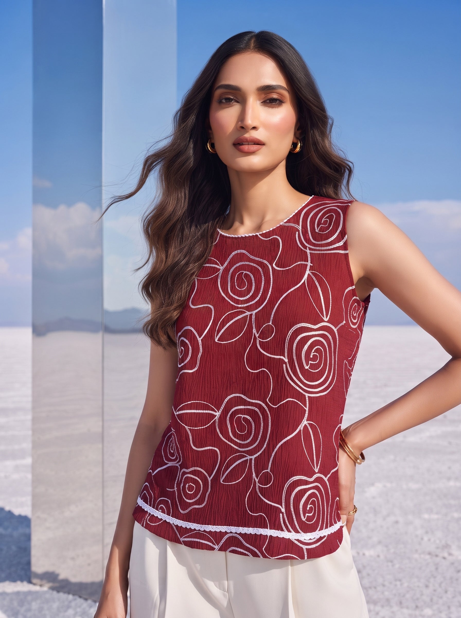 Crimson Rose Embroidered Top