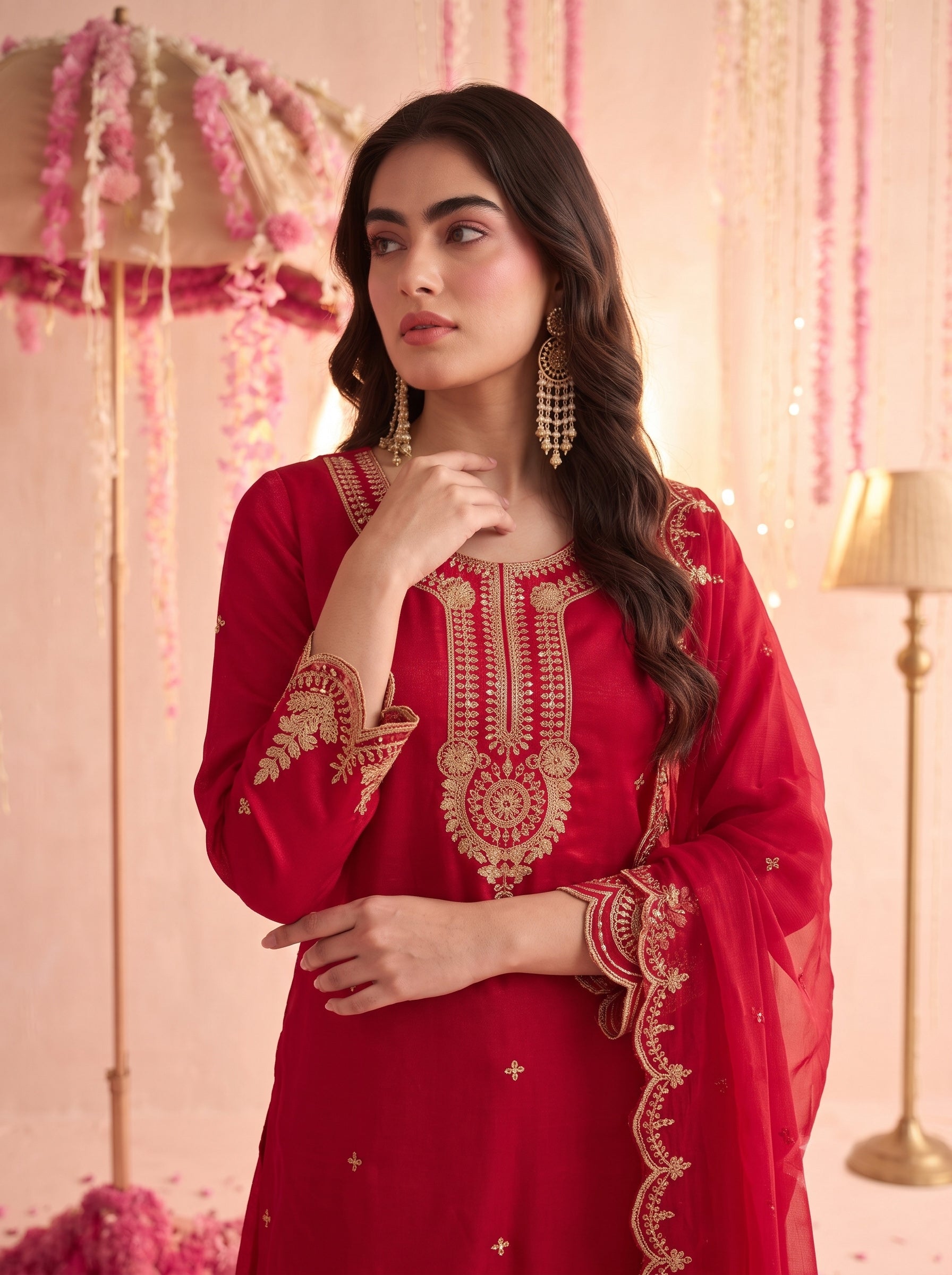 Crimson Red Embroidered Sharara Set