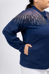 women blue embroidered bomber jacket