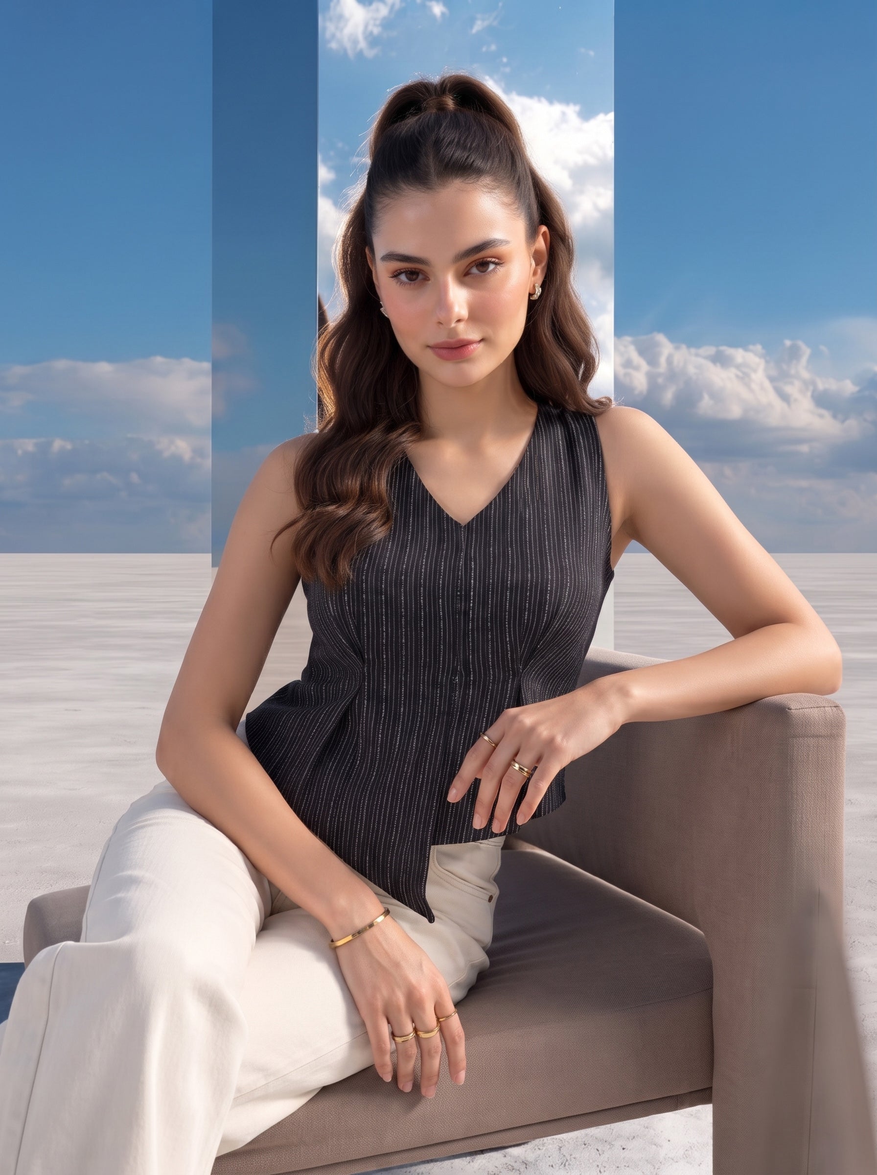 Charcoal Draped Pinstripe Top