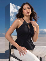 Noir Tie-Neck Peplum Halter Top