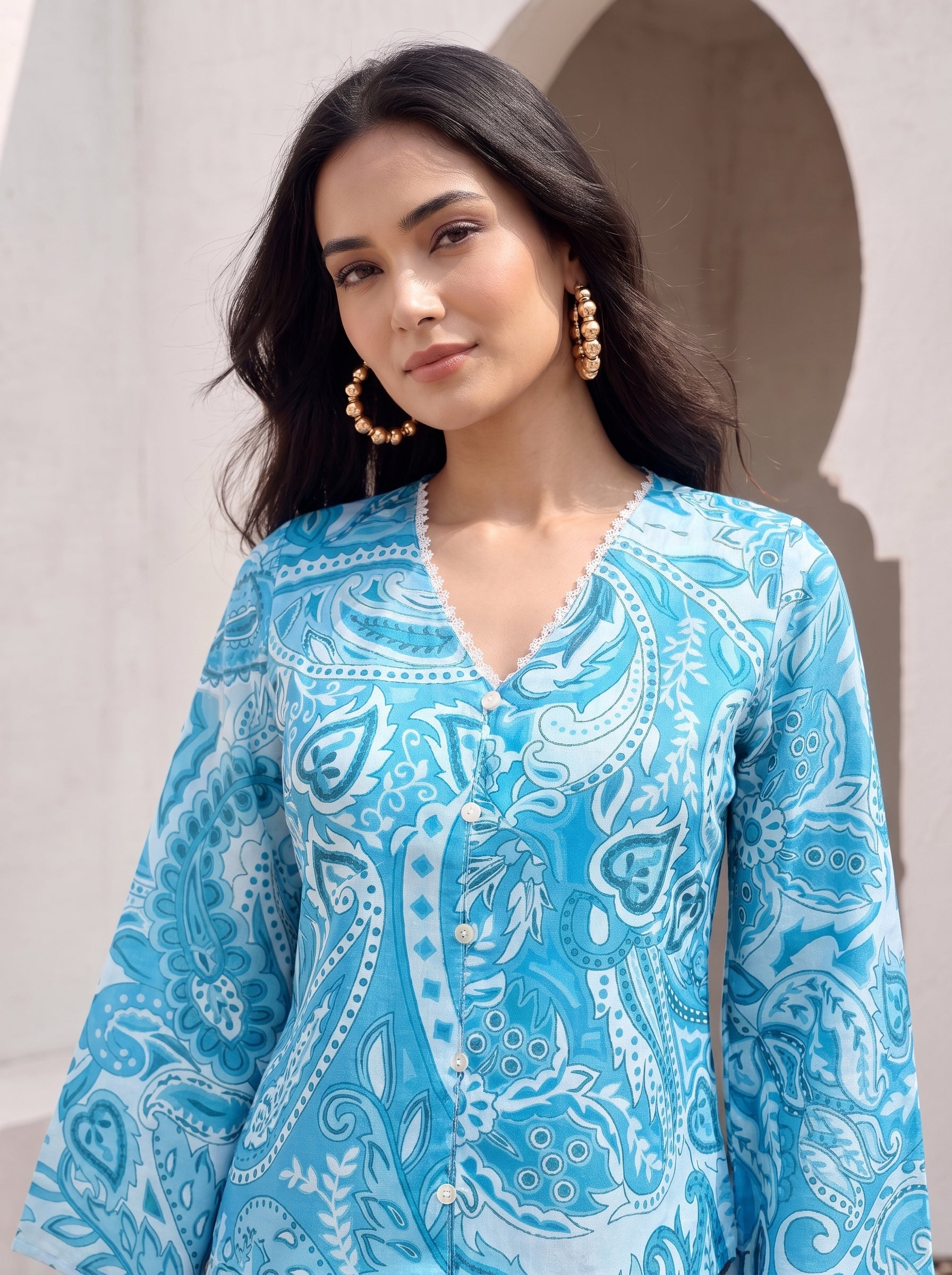 Azure Paisley Button Top
