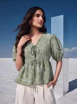 Sage Embroidered Tie-Neck Top
