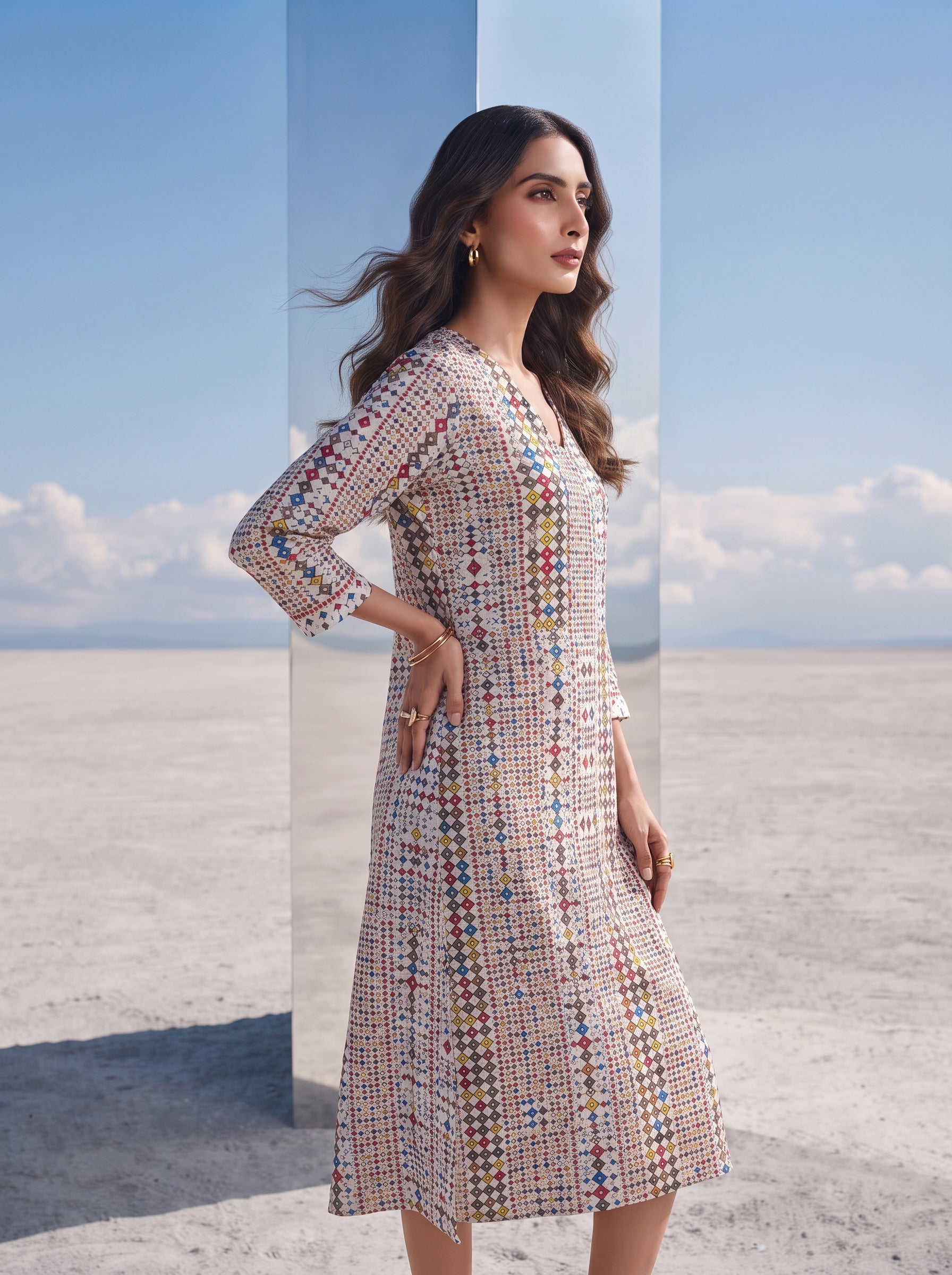 Mosaic Muse Off-White Midi Dress